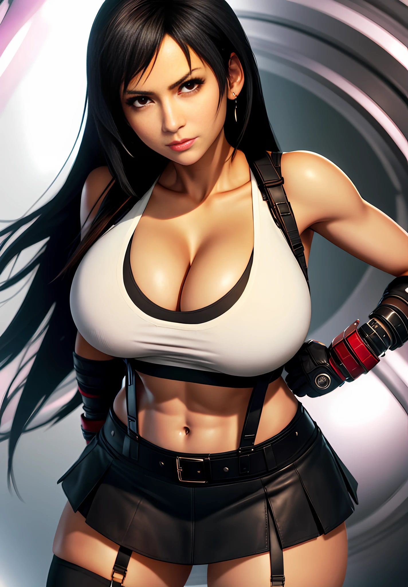 beautiful milf, flawless face, flawless skin, big breasts, cleavage, saggy breasts, heavy breasts,long black hair, hair bangs, white tank top, blCk mini skirt, stockings, suspenders, gloves, earrings, lusty, face, serious face, sultry, rich, luxurious, bossy, face in frame, close up, facing viewer, looking at viewer, tifa lockhart, red eyes