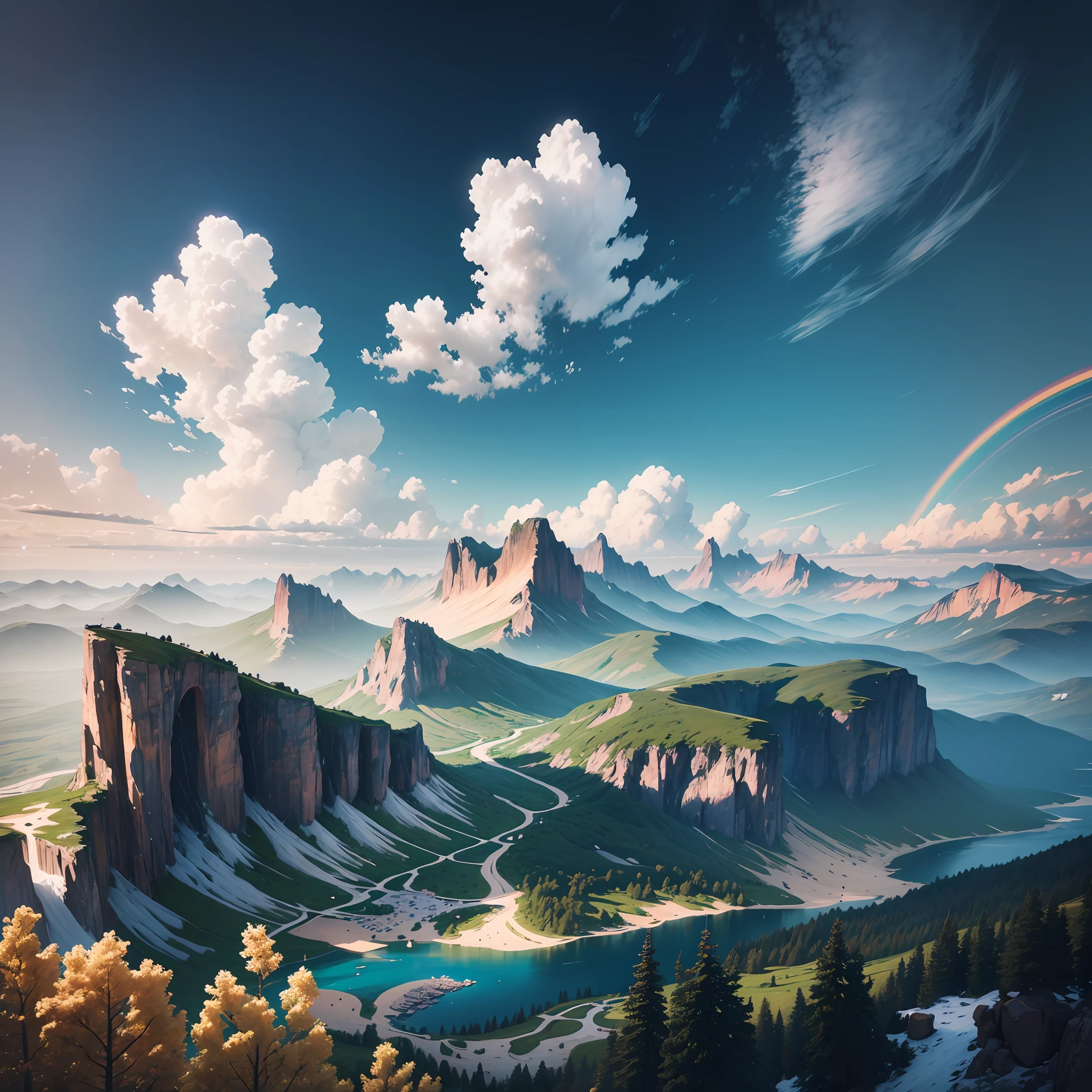 Masterpiece, Top quality, High quality, Highly detailed CG unity 8k wallpaper, Scenery, Outdoors, Sky, Clouds, Sun, No people, Mountains, Scenery, Water, Trees, Blue sky, Waterfalls, Cliffs, Nature, Lakes, Rivers , cloudy sky, award-winning photography, bokeh, depth of field, HDR, bloom, chromatic aberration, photorealistic, highly detailed, artstation trend, CGsociety trend, complex, high detail, dramatic, on the road art --auto --s2