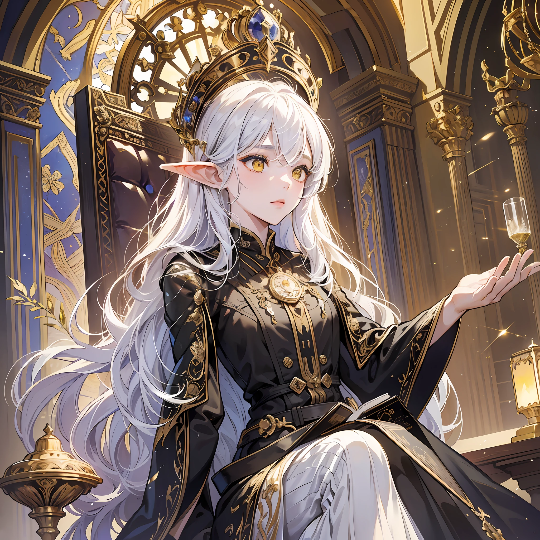 (Masterpiece: 1.2), Best Quality, (Illustration: 1.2), (Ultra Detailed), Ultra Detail, (Fine Detail), (Intricate Detail), (Film Light, Best Quality Backlight), Clear Lines, From Below, Soloist, Perfect Body, (1 Girl), White Hair and Yellow Eyes, (Emperor, Black Sheer Clothes), (Crown: 1.1), Sitting on a Throne, , Head Down, (Shyness: 1.2 ), (Makeup), High Contrast, (Best Lighting, Extremely Creative and Beautiful), (Movie Light), colorful, magic book in hand, contemptuous eyes, elven appearance, grand church background, clock --auto --s2