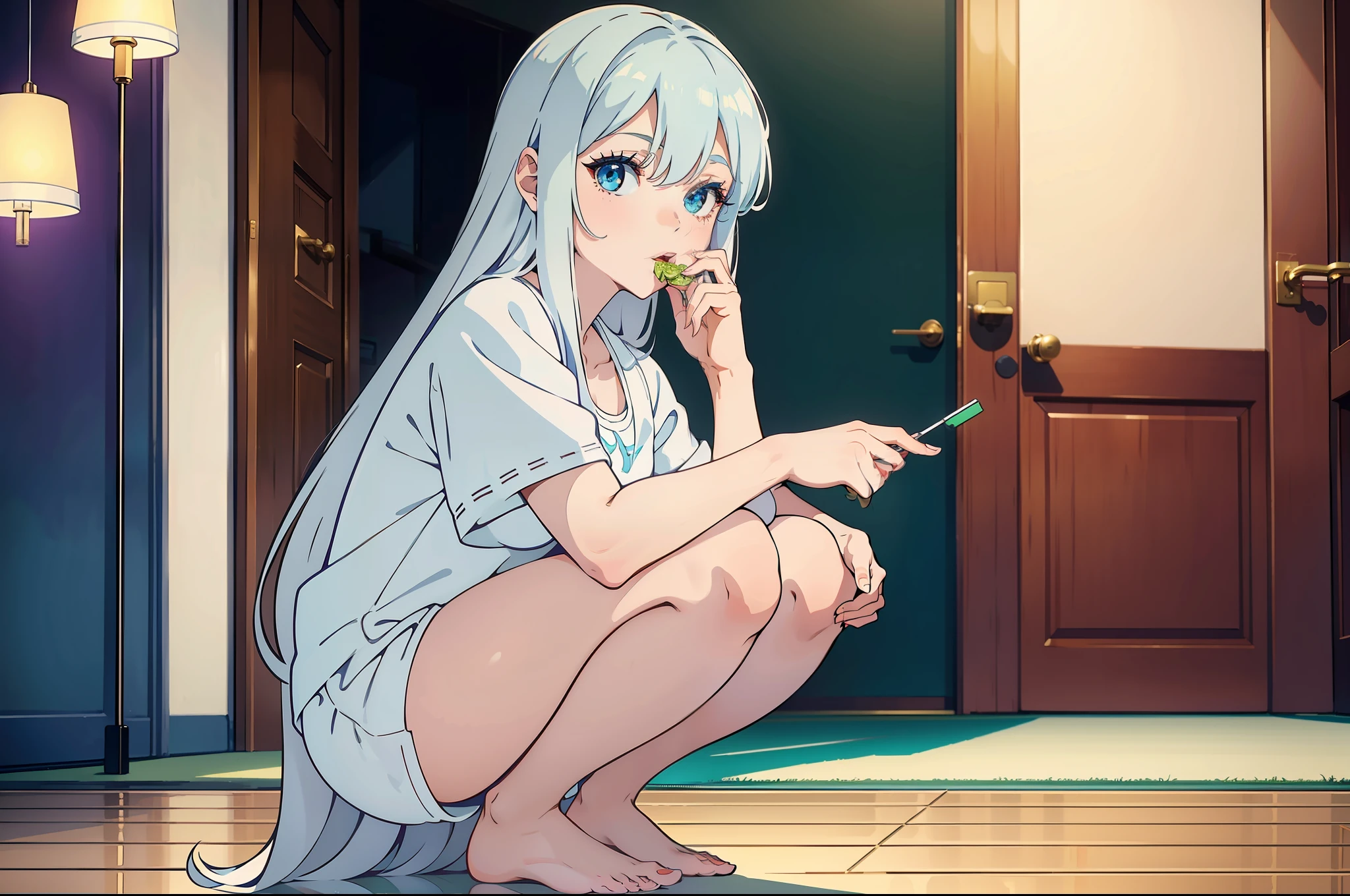 (Masterpiece, best quality: 1.3), Ultra Detail, ((Very tasty and beautiful)), (Fine Details Beautiful Face and Eyes: 1.2), 8k wallpaper, Movie lighting, Overexposure, (1 girl, solo exhibition), Long white hair, White pajamas, Lori, squatting on the ground