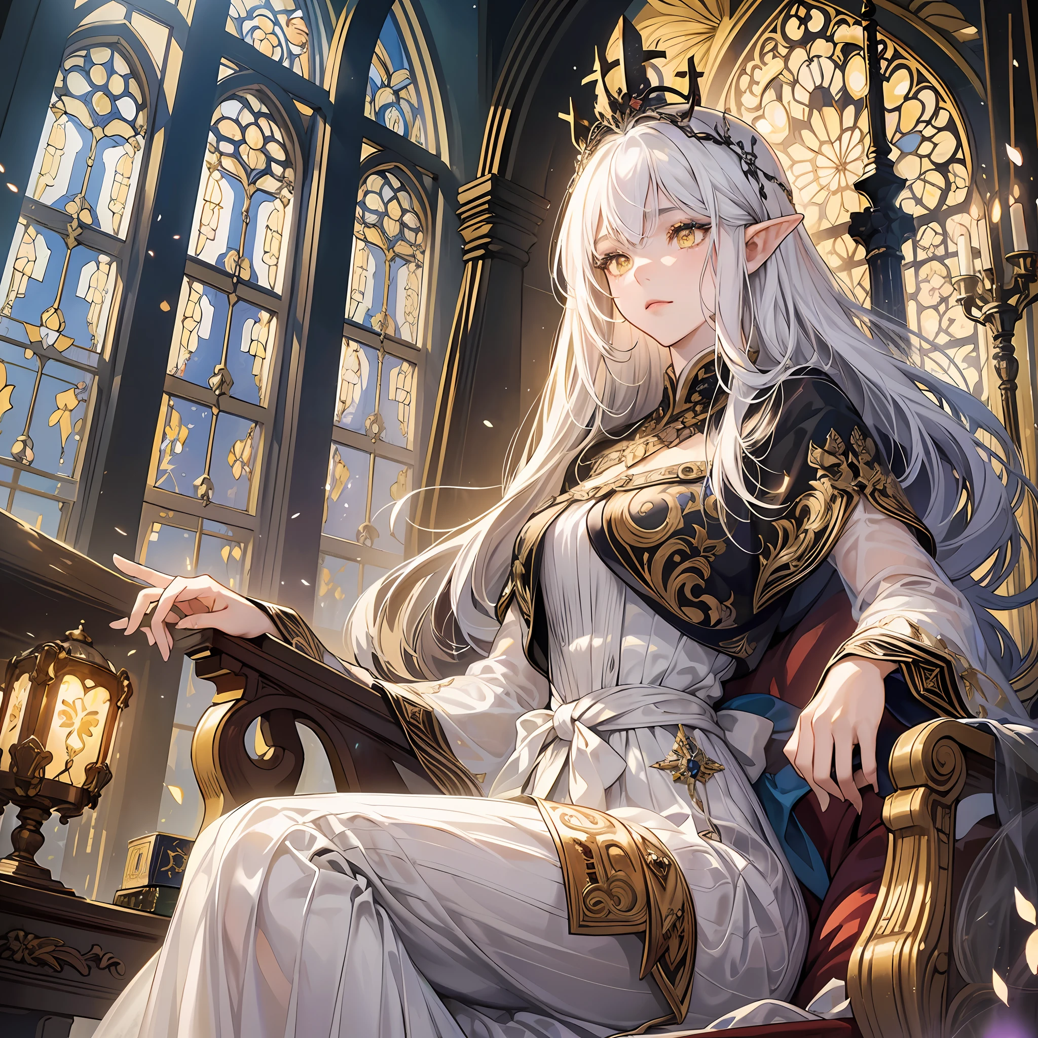 (Masterpiece: 1.2), Best Quality, (Illustration: 1.2), (Ultra Detailed), Ultra Detail, (Fine Detail), (Intricate Detail), (Film Light, Best Quality Backlight), Clear Lines, From Below, Soloist, Perfect Body, (1 Girl), White Hair and Yellow Eyes, (Emperor, Black Sheer Clothes), (Crown: 1.1), Sitting on a Throne, , Head Down, (Shyness: 1.2 ), (Makeup), High Contrast, (Best Lighting, Extremely Creative and Beautiful), (Movie Light), colorful, magic book in hand, contemptuous eyes, elven appearance, grand church background, clock --auto --s2