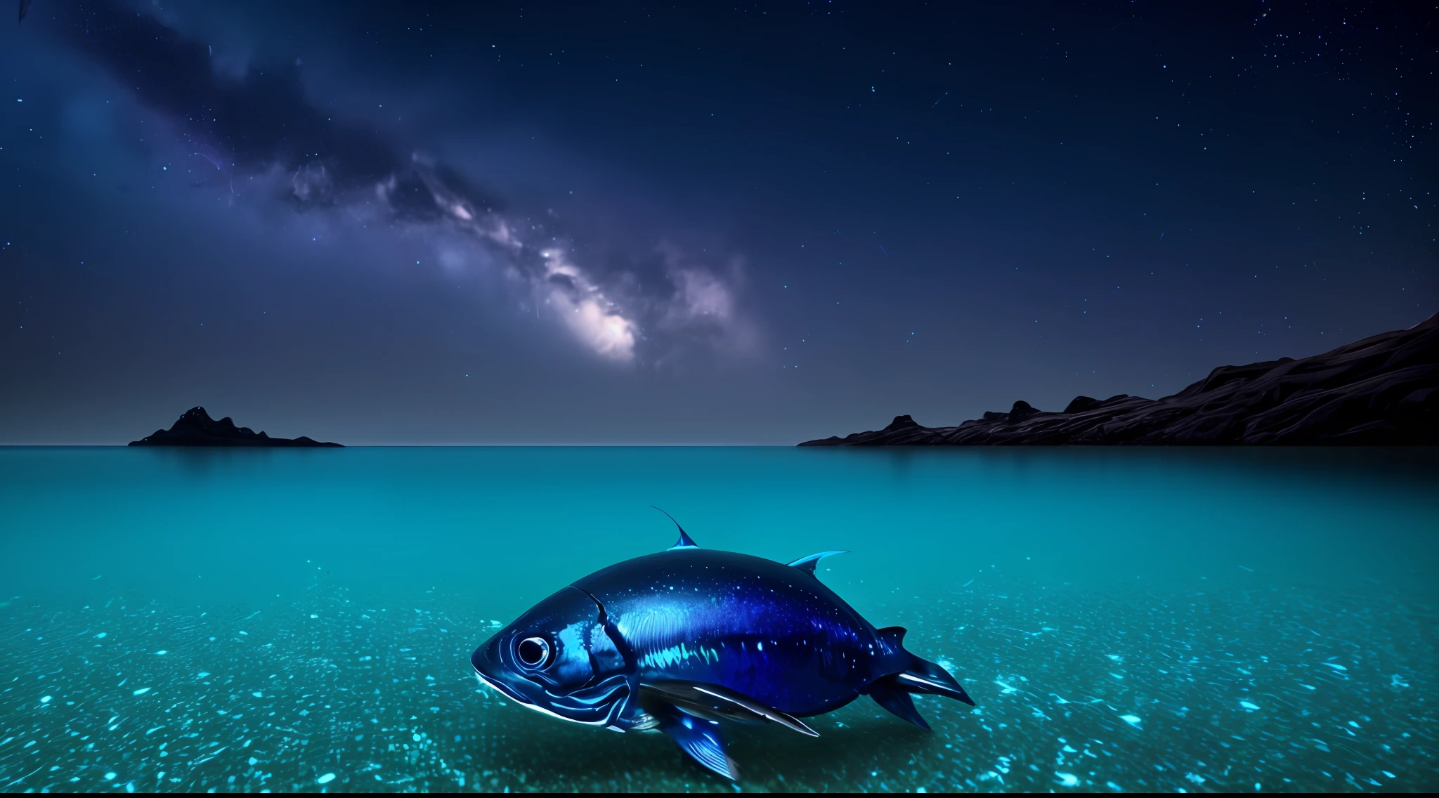 Alien planet (blue ocean) smooth rolling waves, beautiful transparent water, night, huge fish jumping out of the waves, spotted iridescent plankton in the water, shimmering water mist, dark purple sky in the background, stars dotted, unknown constellation sky, (there are multiple bright moons and planets in the sky: 1.5), glowing horizon, enchanting views, masterpieces, best quality, detailed 4k wallpapers, award-winning art, bokeh, depth of field, HDR, bloom, chromatic aberration, very detailed, Trends on artstation, trends on CGsociety, dramatic