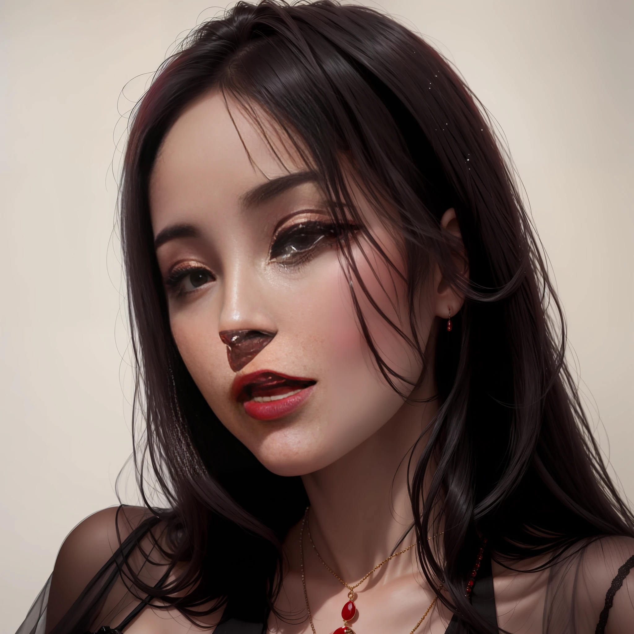 There is a woman with a necklace around her neck looking at the camera, professional profile picture, taken in early 2020, leaked image, headshot profile picture, faridah malik, profile picture, 30-year-old woman, anime from Cuba, headshot photo, photo taken on 2 0 2 0, Imane Anys, Serena Malyon, lipstick red lips, shiny black hair, seductive look