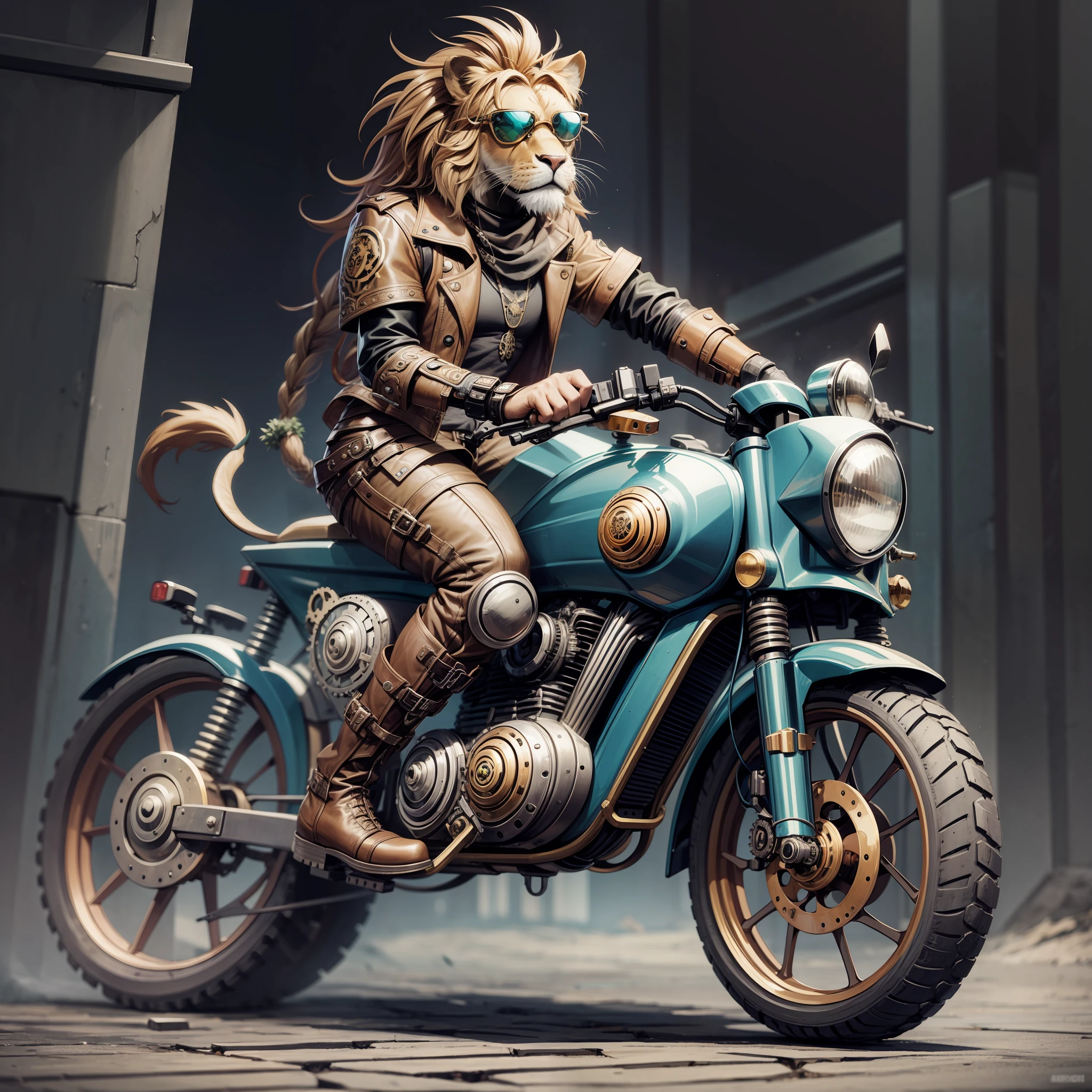 A steampunk lion fursona with boots sitting on a horse moped
with sunglasses vector, graphic novel, grunge, geometric horror tshirt design --auto --s2