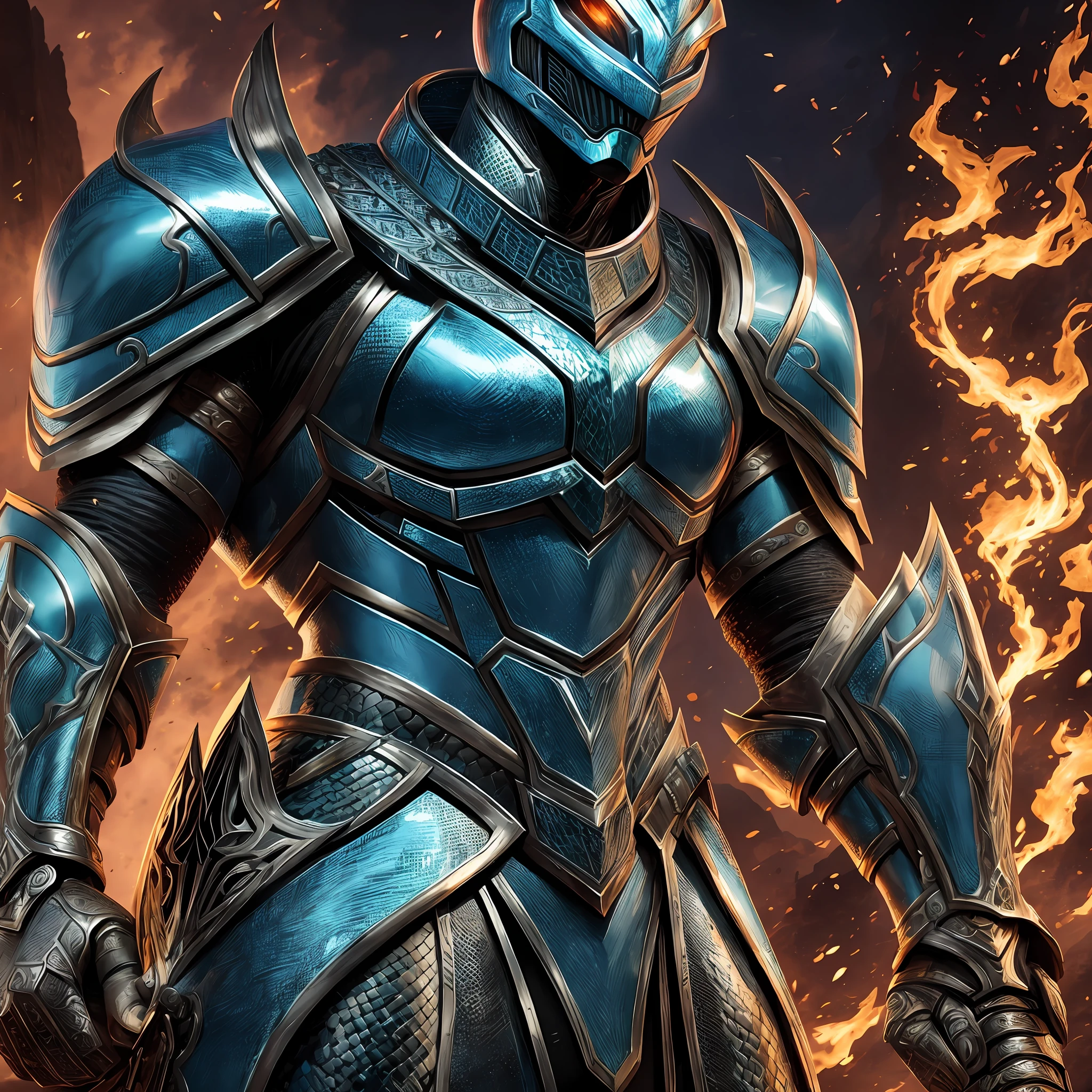 Humanoid viper covered in imposing armor, holding a powerful weapon, in a medieval setting with dramatic lighting and high saturation. --auto --s2