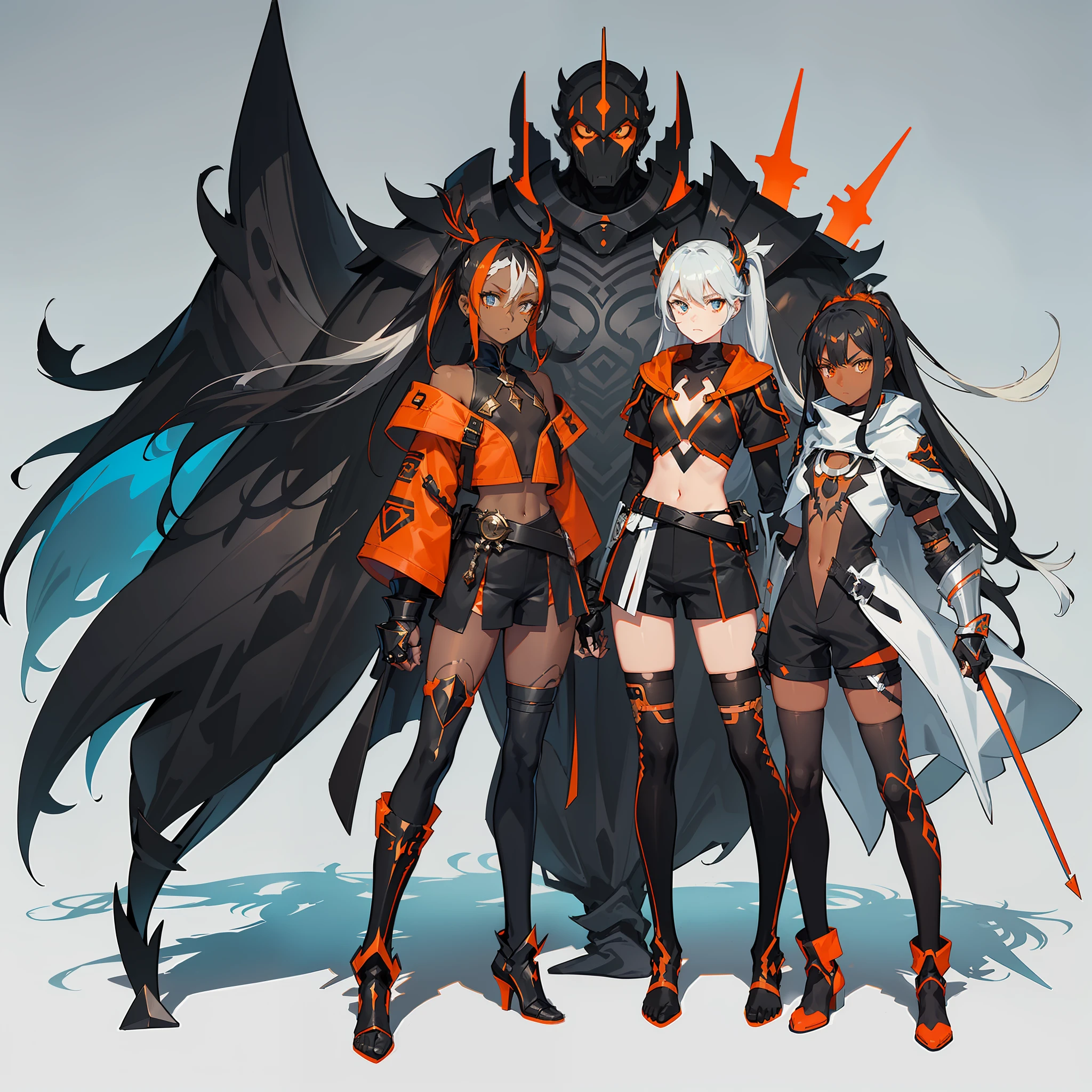 (((Concept Art))), (((Flat chest))) Female, (((Dark Skin)))), Black Hair with Ponytail, Light Blue Eyes, Round Glasses with Dark Lens with this Lens being Orange, ((((Black Metallic Gauntlets and Greaves with Orange and Silver Highlights)))), White Scarf (((The Clothes Have a Mix of Modern and Tribal)))), Clothes Have Mostly Black Color, but with Orange and white Parts, Shoulders on display, black shorts that extend to the middle of the thigh.