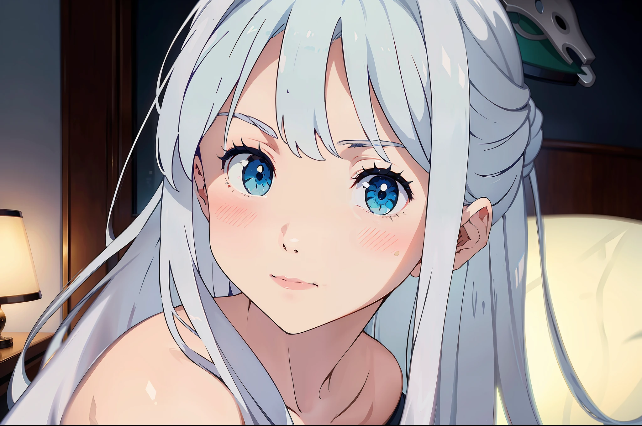 (Masterpiece, best quality: 1.3), Ultra Detail, ((Very tasty and beautiful)), (Fine Details Beautiful Face and Eyes: 1.2), 8k wallpapers, Cinematic lighting, Overexposure, (1 girl, solo), Long white hair, white pajamas, Lori,