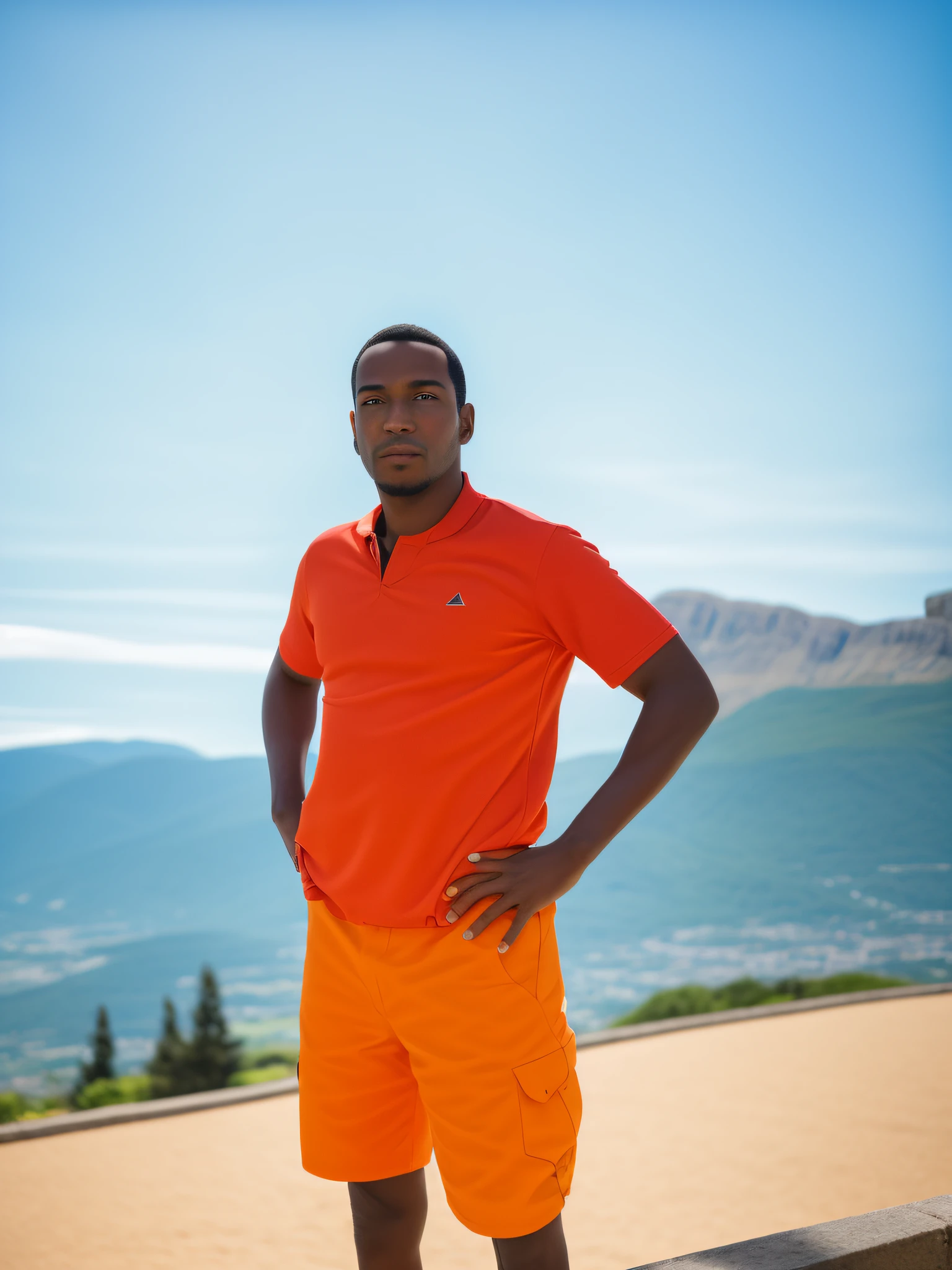 Arafed man standing on a ledge with his hands on his hips, manga style hero by Herbert MacNair, alphonse muca, icaro carvalho, by Willian Murai, beautiful sunny day, alphonse musha, rodney mateus, by Charles Alston, david rios ferreira, on a sunny day, with mountains in the background, holiday photo