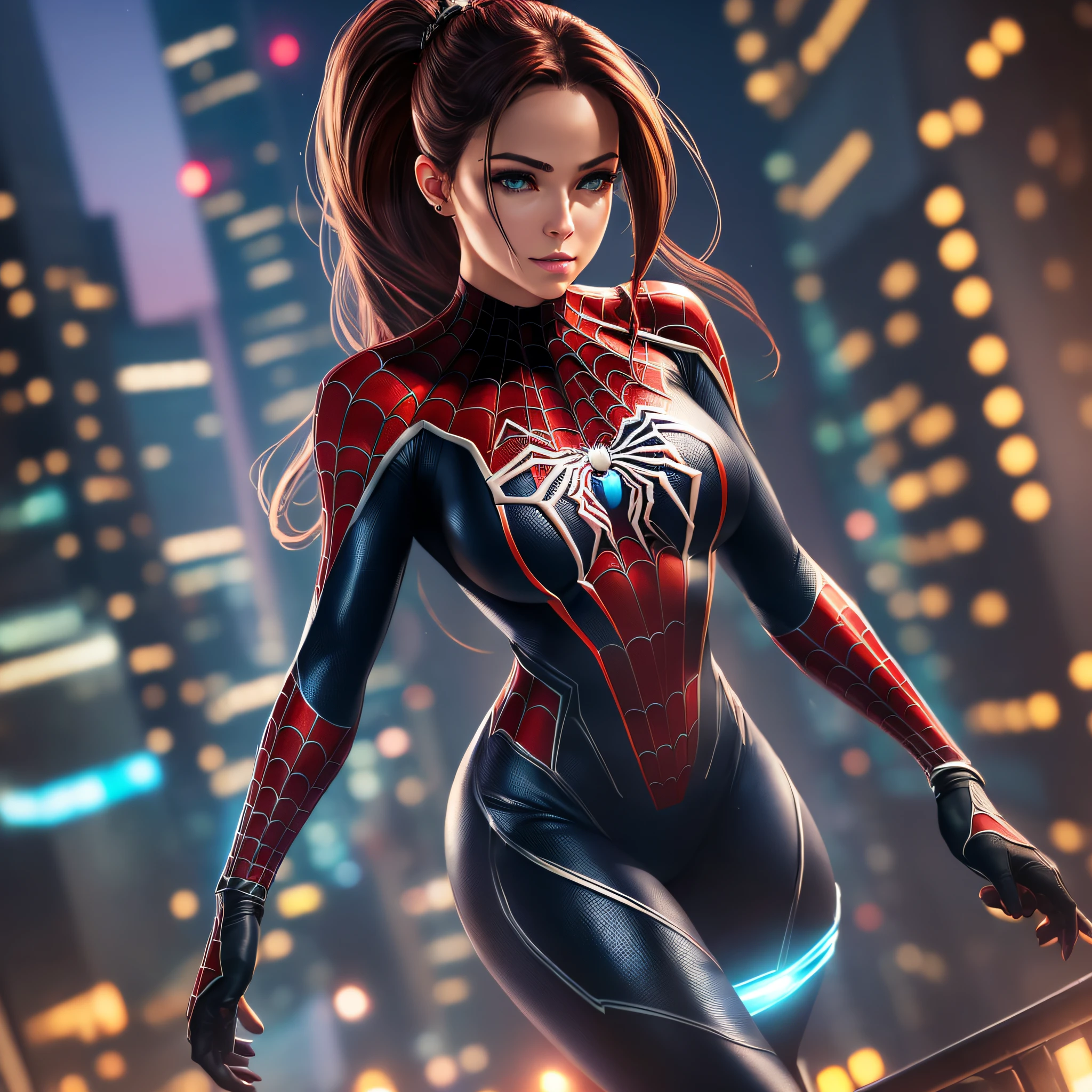 a photo of a very beautiful woman, as (Spidergirl:1.1), (nighttime:1.3), (8k, RAW photo, best quality, ultra high res, photorealistic, masterpiece, ultra-detailed, Unreal Engine) --auto --s2