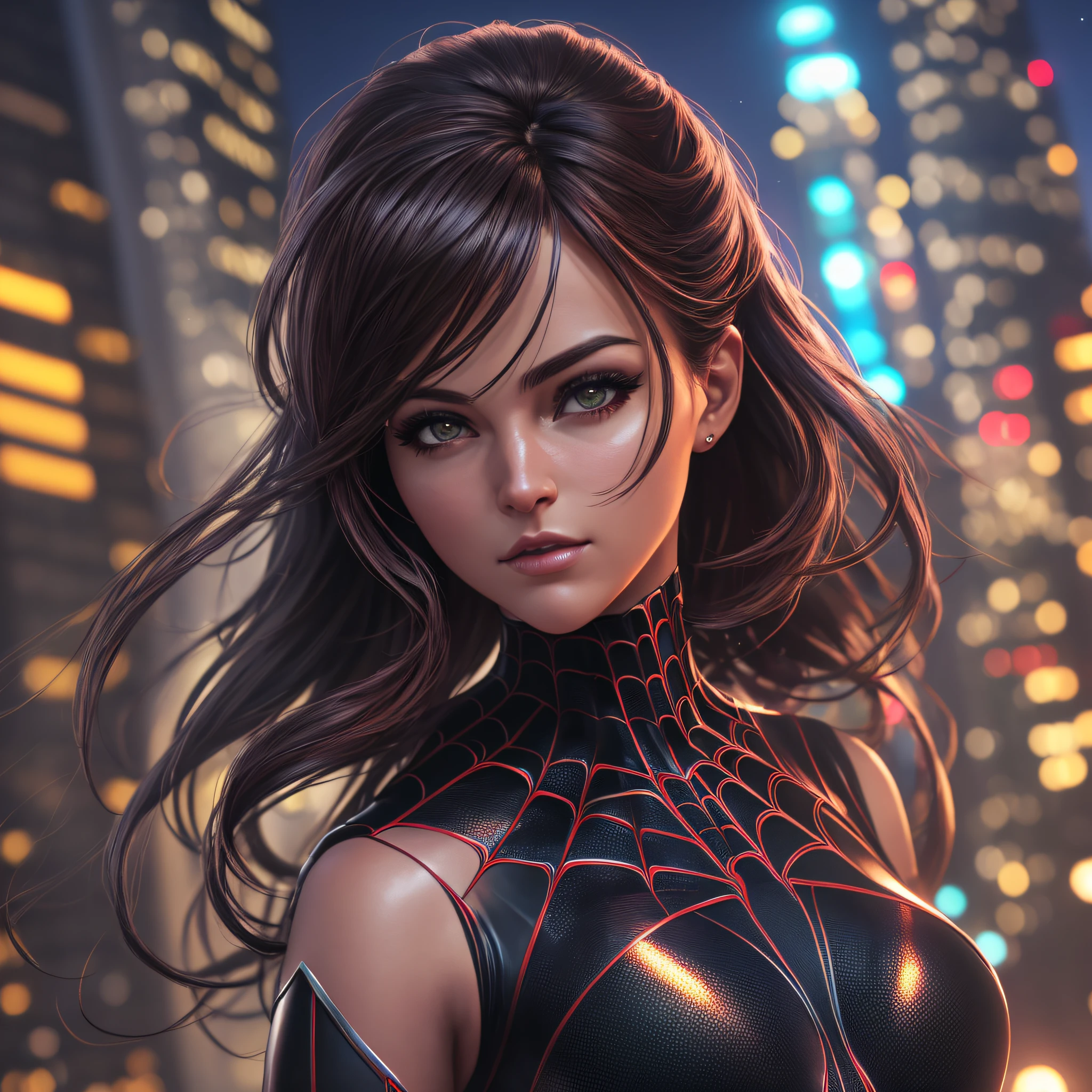 a photo of a very beautiful woman, as (Spidergirl:1.1), (nighttime:1.3), (8k, RAW photo, best quality, ultra high res, photorealistic, masterpiece, ultra-detailed, Unreal Engine) --auto --s2