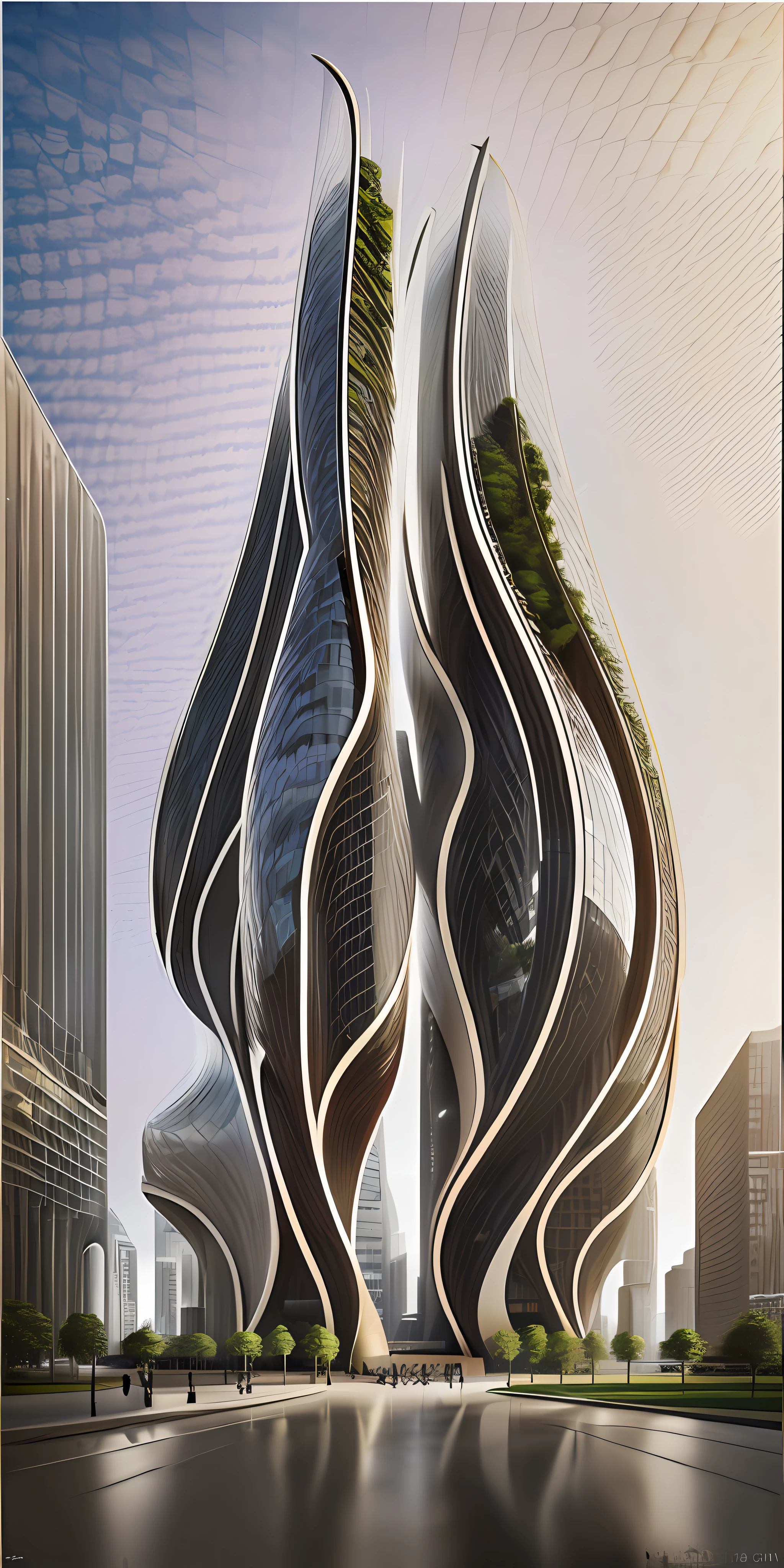 A tall building in a futuristic city designed by Zaha Hadid, a futuristic building, a modern building, sidewalks around the building, imagination, a fusion between the future and the past, hanging gardens, the hanging gardens of Babylon, sustainability, future technology, Very tall building, architectural creativity, new culture, self-sufficiency, the golden ratio, a beautiful building in the middle of the image, a blurry background, one building, spread, natural colors, calm colors, masterpiece, art, better resolution