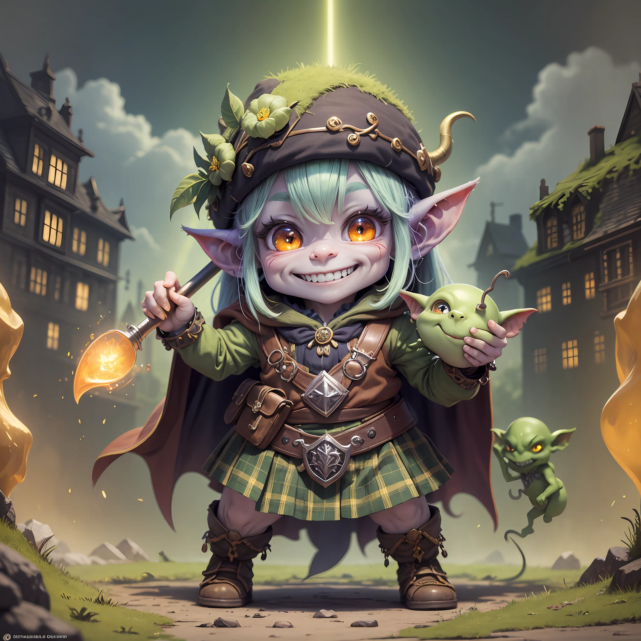 Goblin, small, highly detailed, UHD, HIRES, studio lighting, pot of gold, rainbow, ghastly smile, super detailed face, full body, typical Scottish clothes. --auto --s2