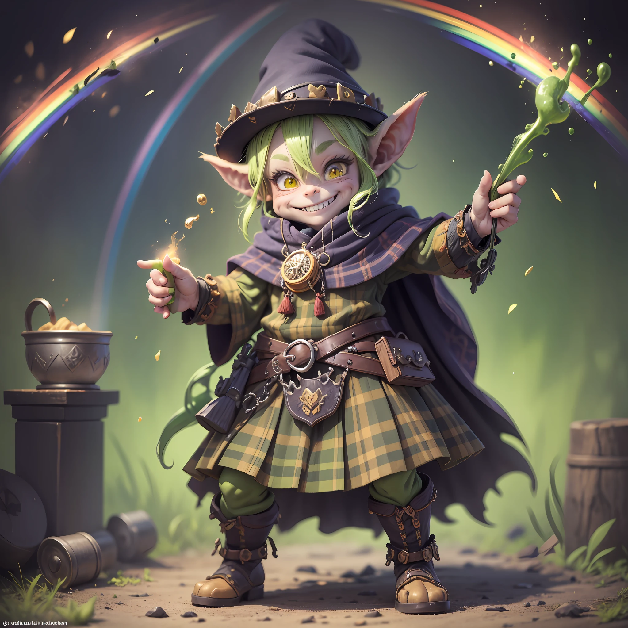 Goblin, small, highly detailed, UHD, HIRES, studio lighting, pot of gold, rainbow, ghastly smile, super detailed face, full body, typical Scottish clothes. --auto --s2