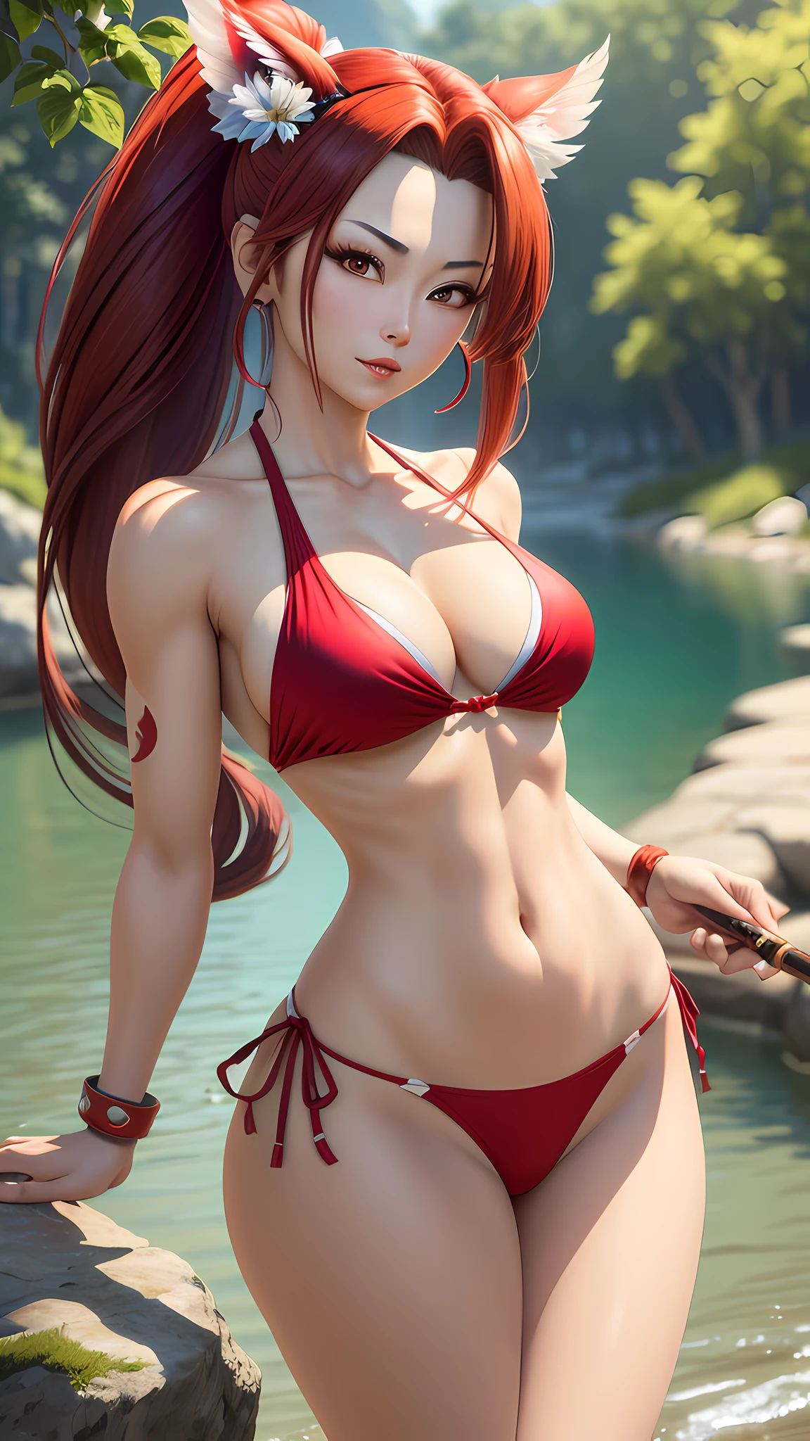 {{{{masterpiece}}}}, {{{hyper detailed}}}, {{{highres}}}, {{good anatomy}}, ((best quality))), ((extremely delicate and beautiful)), {{an extremely detailed and delicate wallpaper}}, {8k cg wallpaper}, {{illustration}}, masterpiece character Mai Shiranui king of fither, with sexy outfit glued to her body near a lake at night