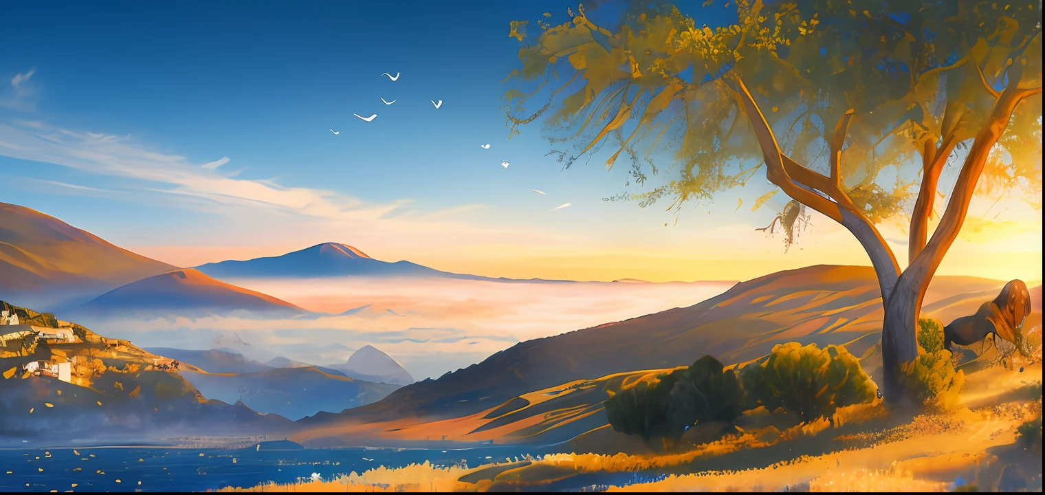Make a panoramic image about flying over Africa with animals in the image