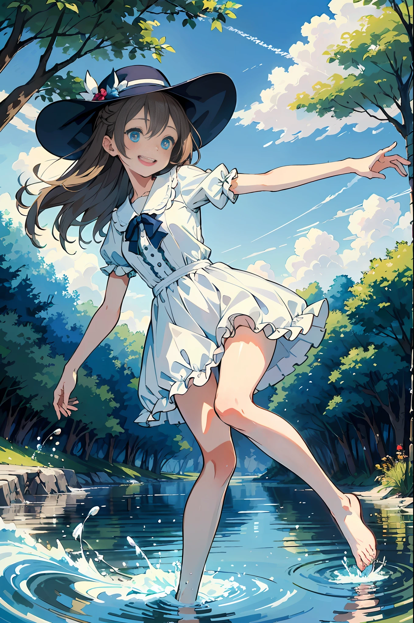 (Masterpiece), (Illustration), (Best Quality: 1.3), (Absurd photo of a slim cheerful girl frolicking at the water's edge, Kicking up the water:1.3), Full body, crystal clear, (Long light brown hair: 1.3), Wet hair, (Wet see-through white dress: 1.3), Striped bows, knee-length pleated skirts, ruffled blouses, long petticoats, accessories, bare feet, ( Highly detailed smart and kind face, detailed blue eyes, relaxed laughter: 1.3), playing happily, happy, (dynamic angle), high resolution, F1.4, glowing water surface, hat, clouds, sun, contrails, sunlight through trees, summer vacation, rays,