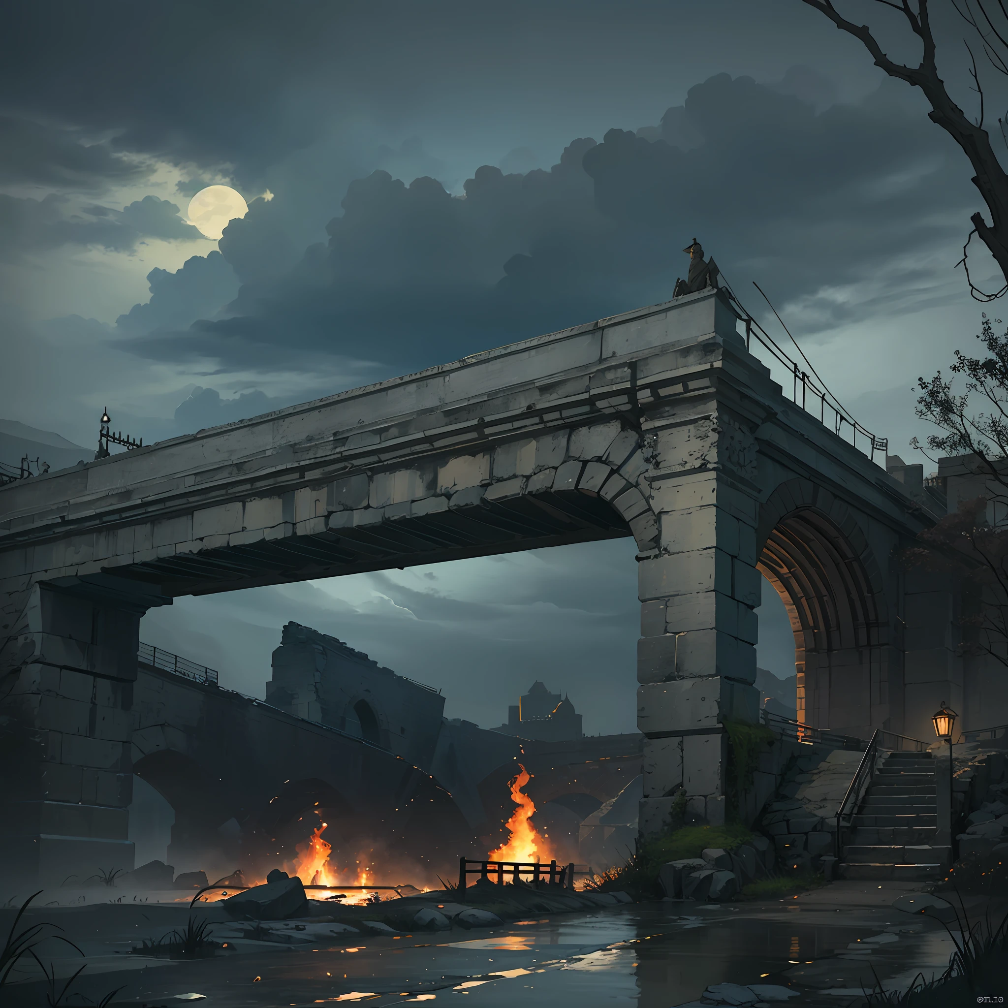 Computer graphics 1:1, ultradetailed scale, realistic fantasy, horror, twilight zone, foreground, huge old stone bridge, bank under the bridge, large wooden barrel, fire, rags everywhere, river, gloomy landscape, rain, gloomy dark lighting, 8 kk --auto --s2