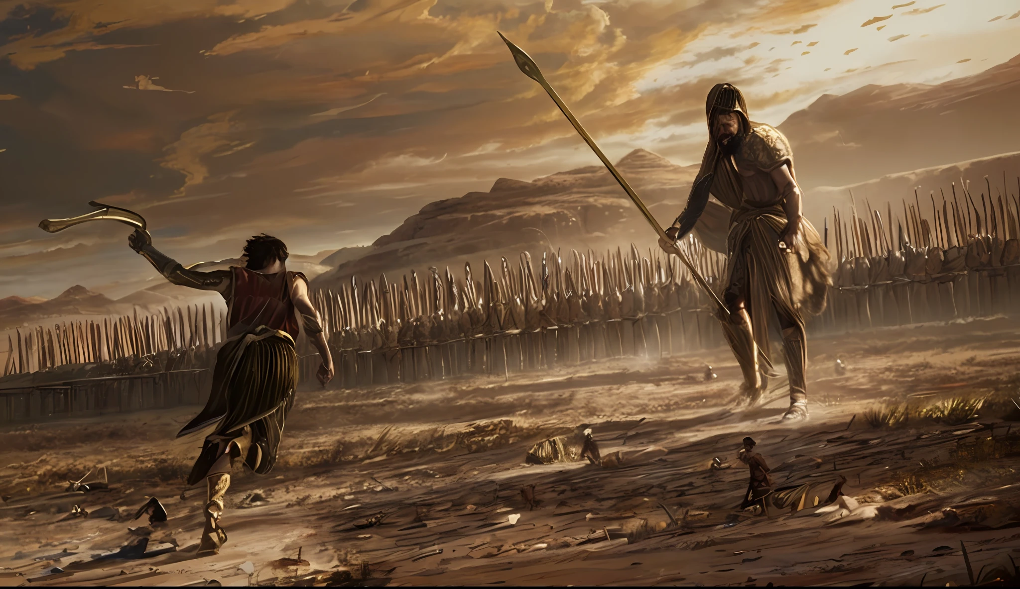 there are two men in the desert with spears and a spear, david and goliath, leading spartans into battle, painting of goliath, epic biblical depiction, background: battle scene, leading a battle, holding a spear, greek myth digital painting, combat scene, game illustration, wielding a spear, holding spear, ancient battlefield, epic battle scene, epic battlescene