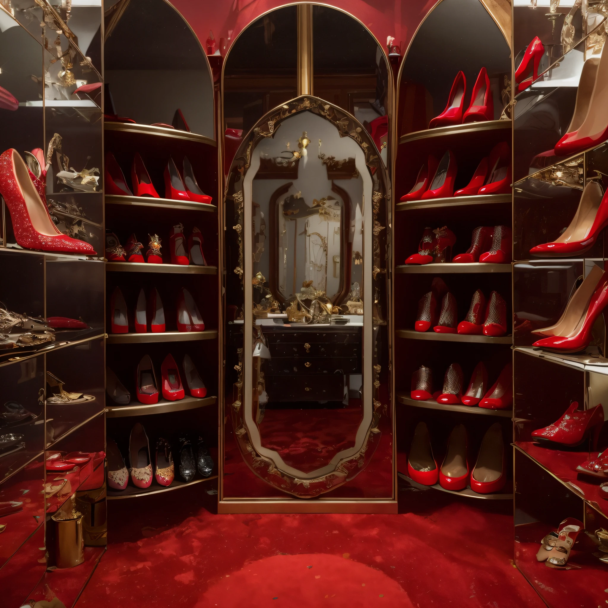a close up of a mirror in a closet with red carpet, ❤🔥🍄🌪, 💋 💄 👠 👗, ✨🕌🌙, red shoes, luxury fashion, celebrity, jules, inspo, red room, luxury lifestyle, 8 k highly detailed ❤🔥 🔥 💀 🤖 🚀, by Elena Guro, hypermaximalistic, all red, maximalist