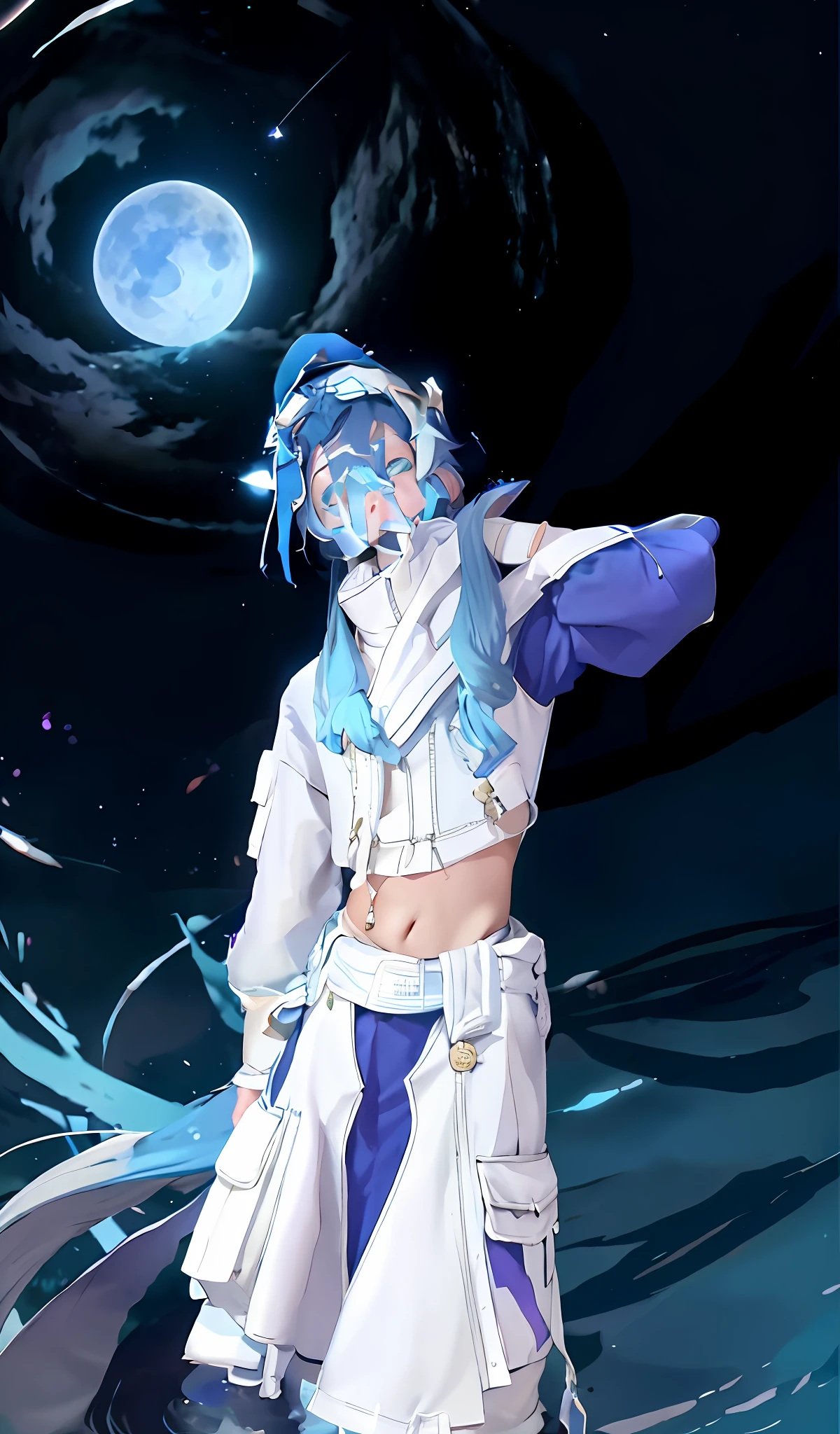 High quality, blue hair and white clothes boy standing in front of the full moon in the starry sky, the starry sky is on the water, the moonlight illuminates the boy, melancholy, the water surface is sparkling