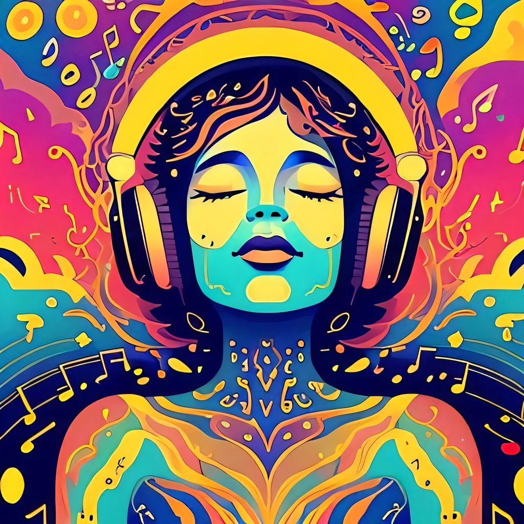 a painting of flat colors, rainbowshift person listening to music, music notes, Synesthesia