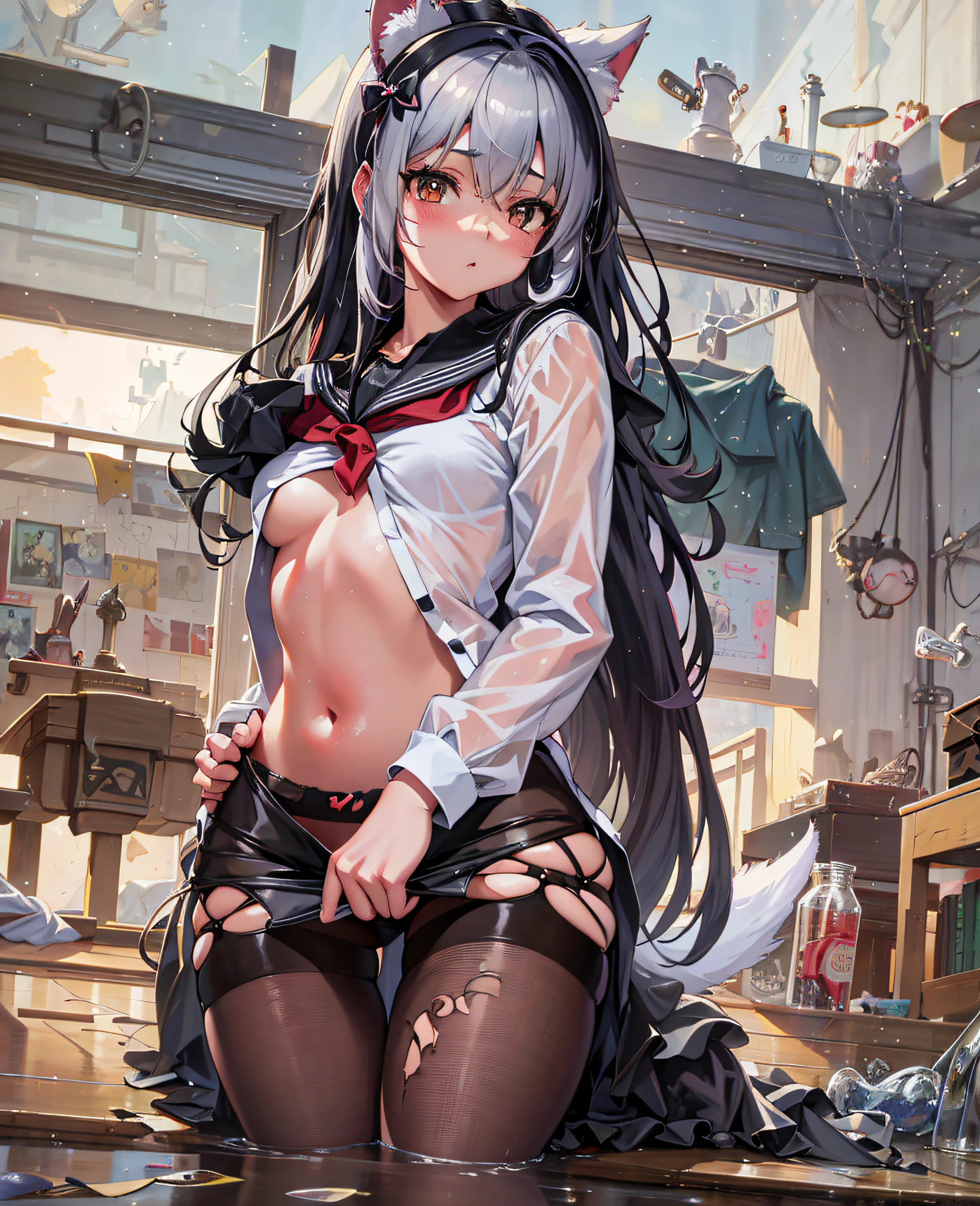 anime girl with cat ears and a cat tail in a room, seductive anime girl, anime style 4 k, kantai collection style, anime art wallpaper 8 k, anime art wallpaper 4 k, anime art wallpaper 4k, 4k anime wallpaper, best anime 4k konachan wallpaper, guweiz on pixiv artstation, anime girl
