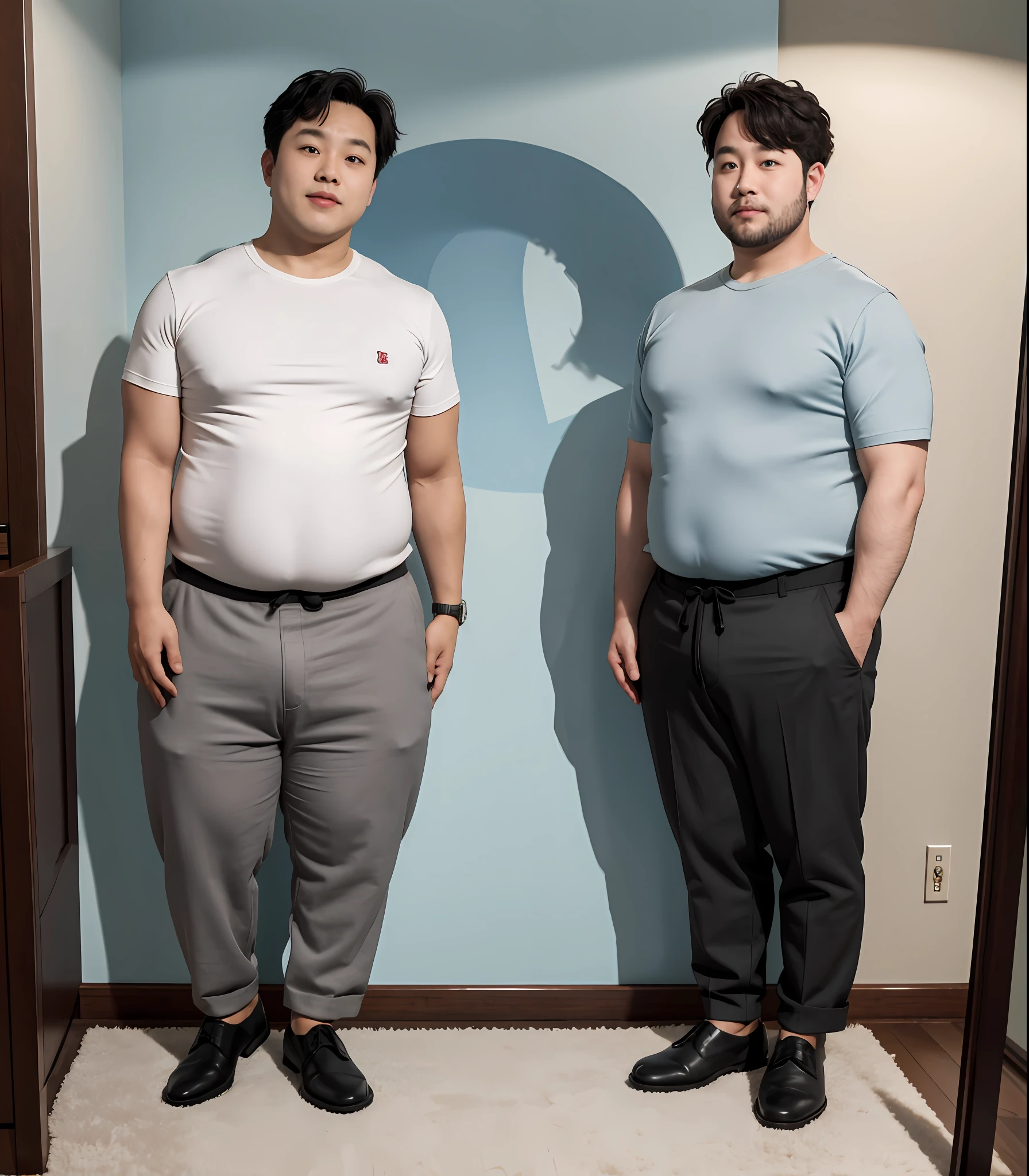 {{{{{1 girl and 1 boy}}}}}, {{{{{1 boy is standing behind 1 tall girl SMjupiter}}}}}, {{{{{duet}}}}}, most beautiful photo, complex, high detail, sharp focusing, dramatic, bedroom at night,  {{{{{{photo}}}}}}, 
masterpiece, best quality, highres, {{{{full body shot}}}}, {{{{{horizontal-angle shot}}}}},{{{{{{
{{{very fat boy}}}, {{{long torso}}}, {{{fighting pose}}},  {{{very short legs}}},  {{{very fat waist}}},  {{{very small hip}}}, {{{{{very big head}}}}}, naked upper body, gray long pants, brown shoes, black hair, 
}}}}}}