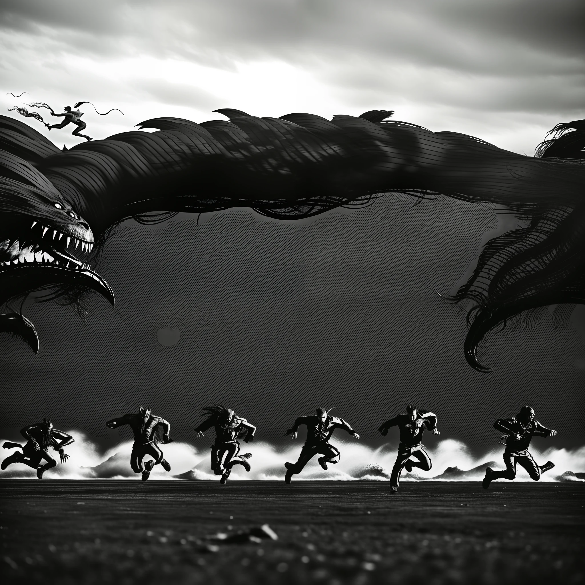 3 people running from a black crazy monster, monochrome