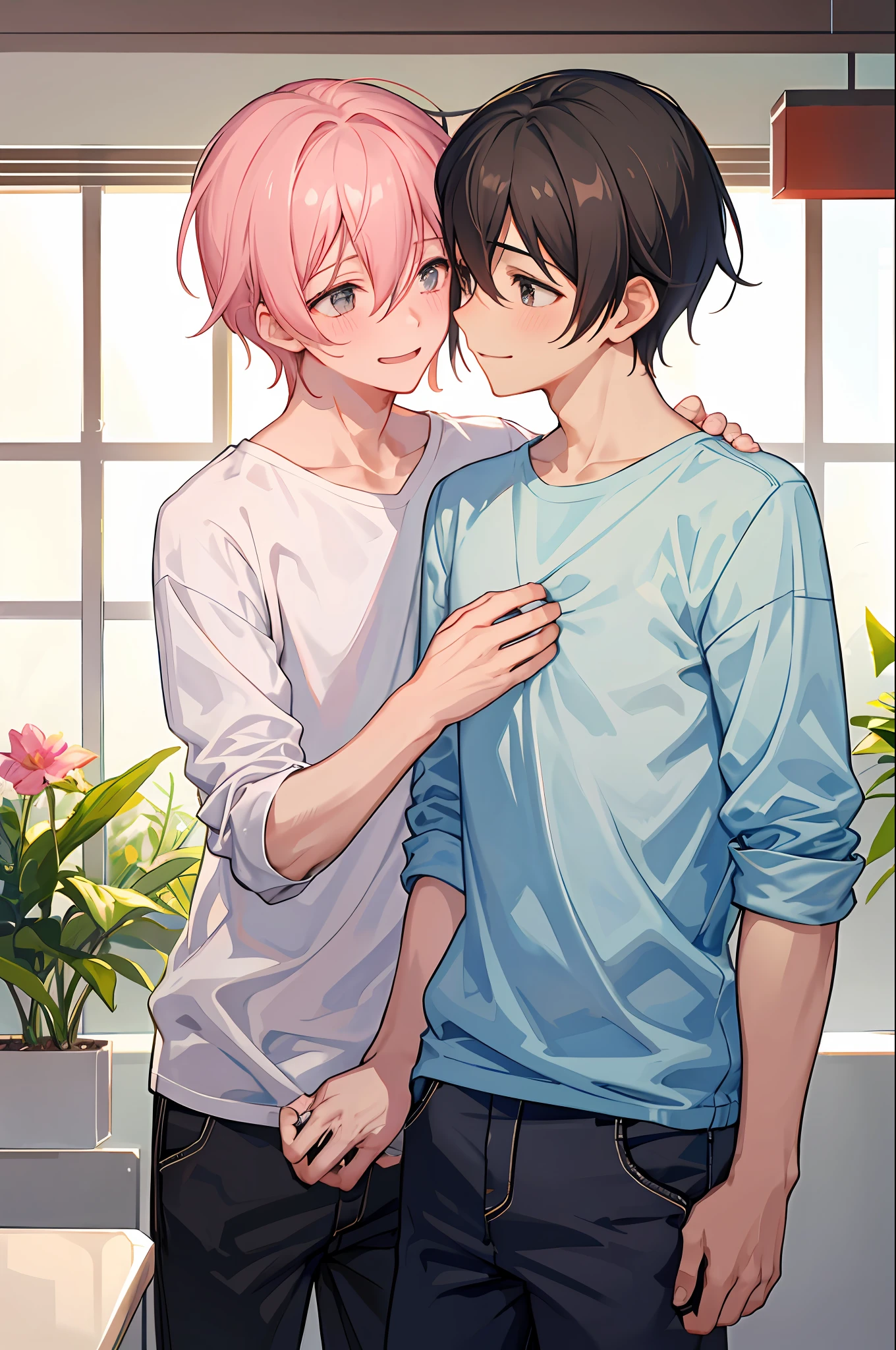 Two boys sharing an intimate moment in a peaceful atmosphere. They're both wearing casual shirts, smiling at each other while blushing, and looking into each other's eyes with a longing expression. The image is warm and affectionate, evoking a sense of tenderness and connection, blush, embarrassed, bulge,