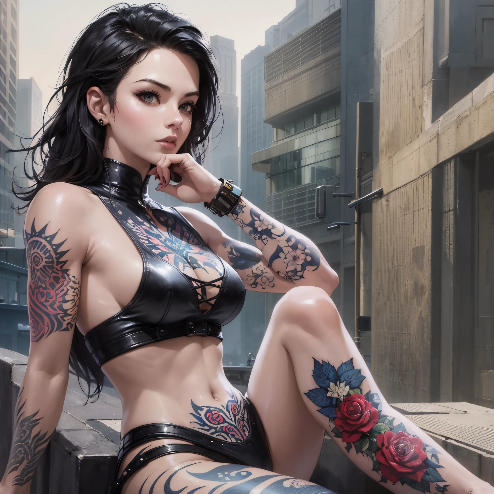arafed woman with tattoos sitting on a wall with her hand on her chin, artgerm and james jean, tattoo sleeve on her right arm, style of ink, beautiful artwork, full-body tattoos, full - body tattoos, by Wylie Beckert, artgerm and grek rutkowski, alena aenami and artgerm, stunning artwork