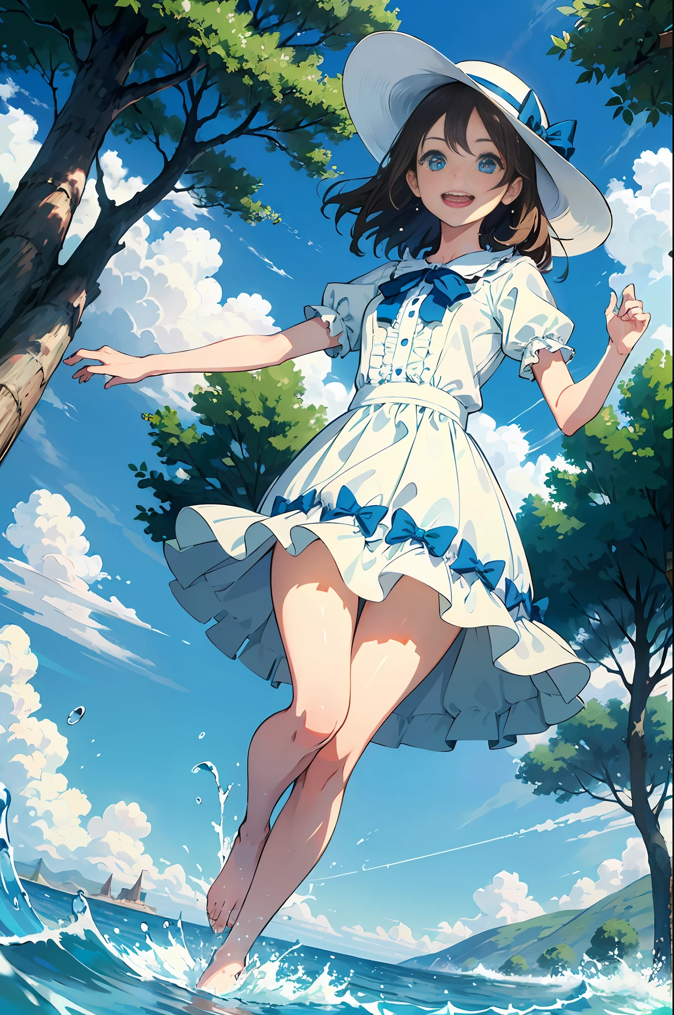 (Masterpiece), (Illustration), (Best Quality: 1.3), (Absurd photo of a slim cheerful girl frolicking at the water's edge, Kicking up the water:1.3), Full body, crystal clear, (Long light brown hair: 1.3), Wet hair, (Wet see-through white dress: 1.3), Striped bows, knee-length pleated skirts, ruffled blouses, long petticoats, accessories, bare feet, ( Highly detailed smart and kind face, detailed blue eyes, relaxed laughter: 1.3), playing happily, happy, (dynamic angle), high resolution, F1.4, glowing water surface, flying hat, clouds, sun, contrails, sunlight through trees, summer vacation, rays,