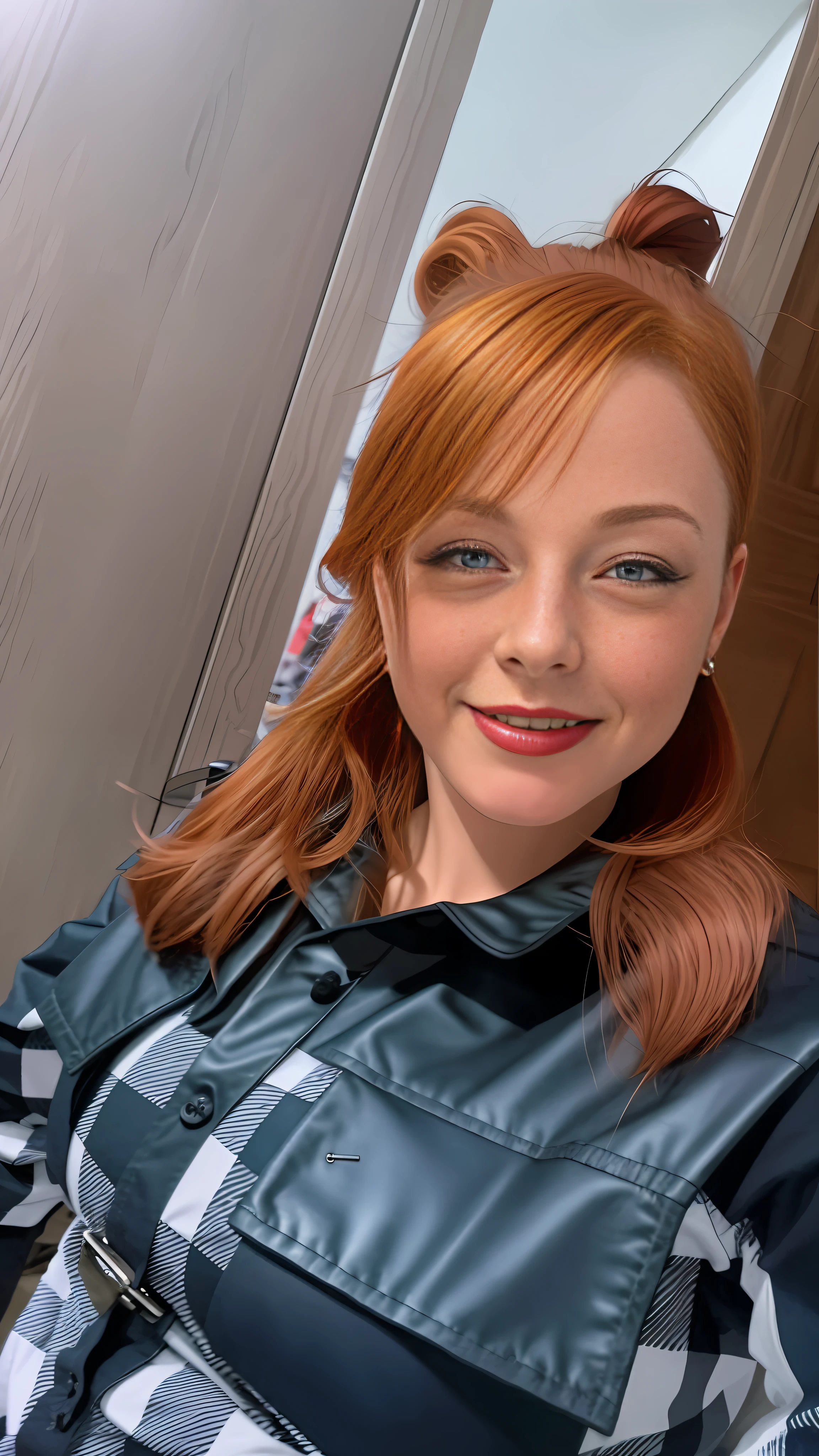 there is a woman with red hair and black and white plaid shirt, profile picture, with red hair, high quality profile picture, woman with red hair, with hair inspired by Maria Helena Vieira da Silva realistic anime style very detailed face