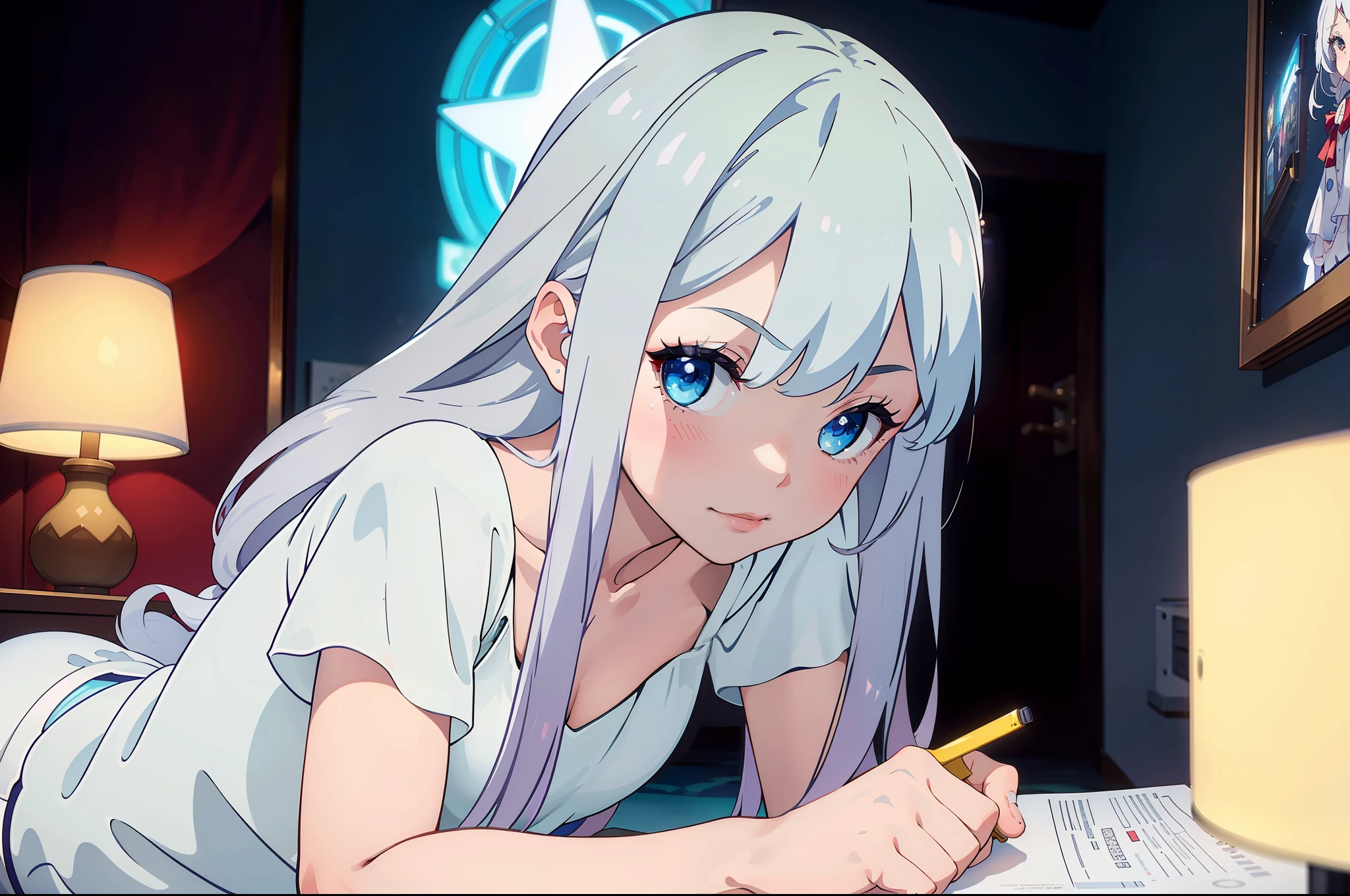 (Masterpiece, best quality: 1.3), Ultra detail, ((Very tasty and beautiful)), 8k wallpapers, cinematic lighting, overexposure, (1 girl, solo exhibition), long white hair, white pajamas, loli, full body