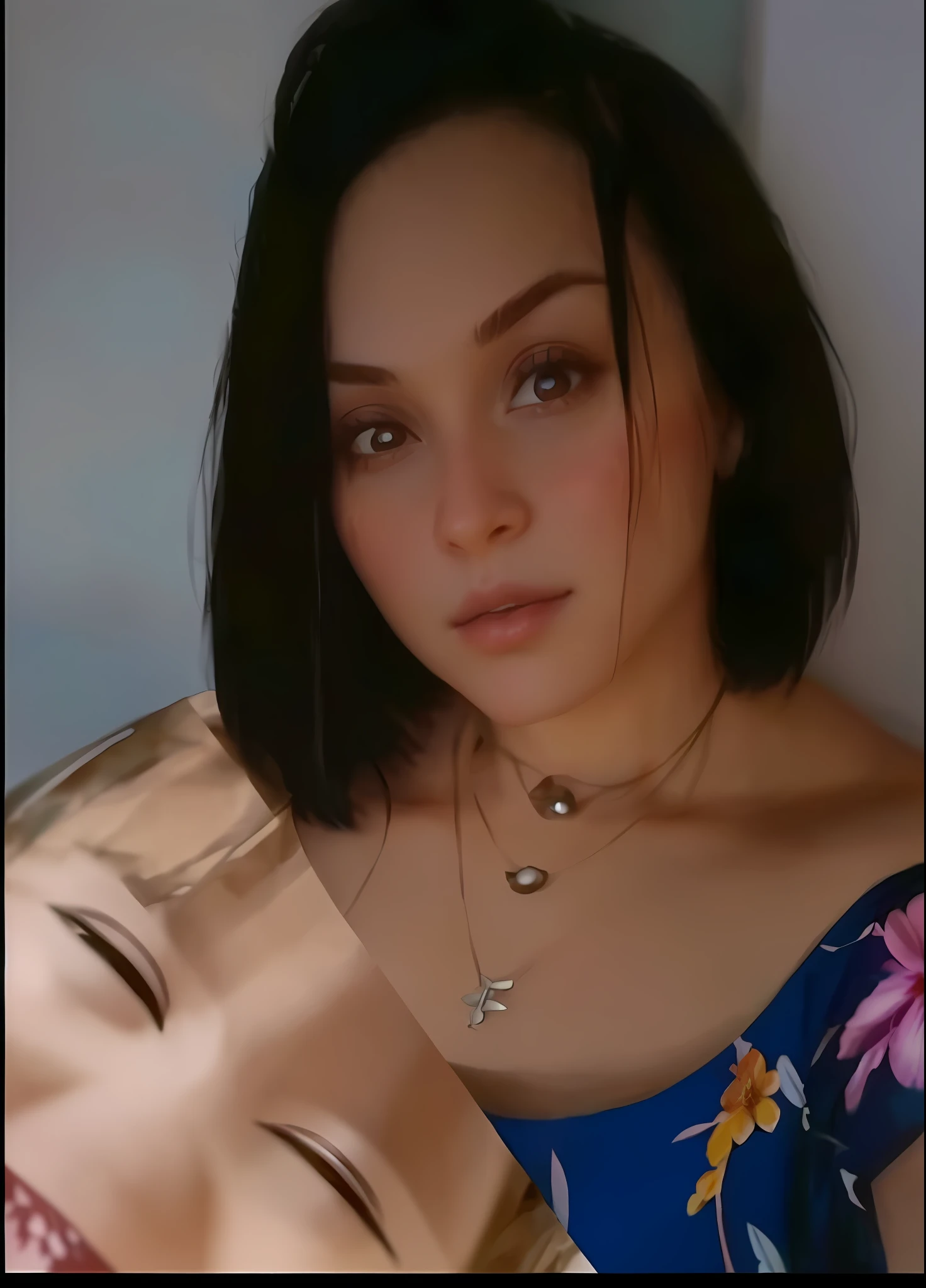 A beautiful woman in flowered blouse, short black hair and necklace, female photography in medium plane, portrait made by Pixar Animation, young appearance, super realistic and highly detailed in 3D