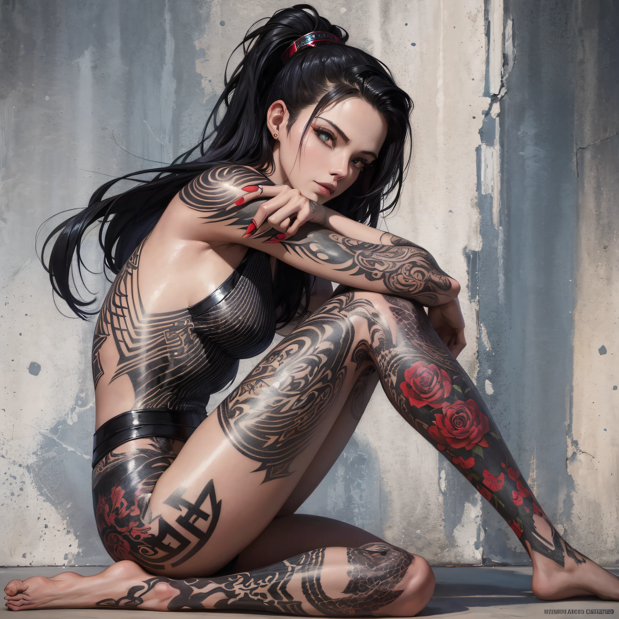 arafed woman with tattoos sitting on a wall with her hand on her chin, artgerm and james jean, tattoo sleeve on her right arm, style of ink, beautiful artwork, full-body tattoos, full - body tattoos, by Wylie Beckert, artgerm and grek rutkowski, alena aenami and artgerm, stunning artwork