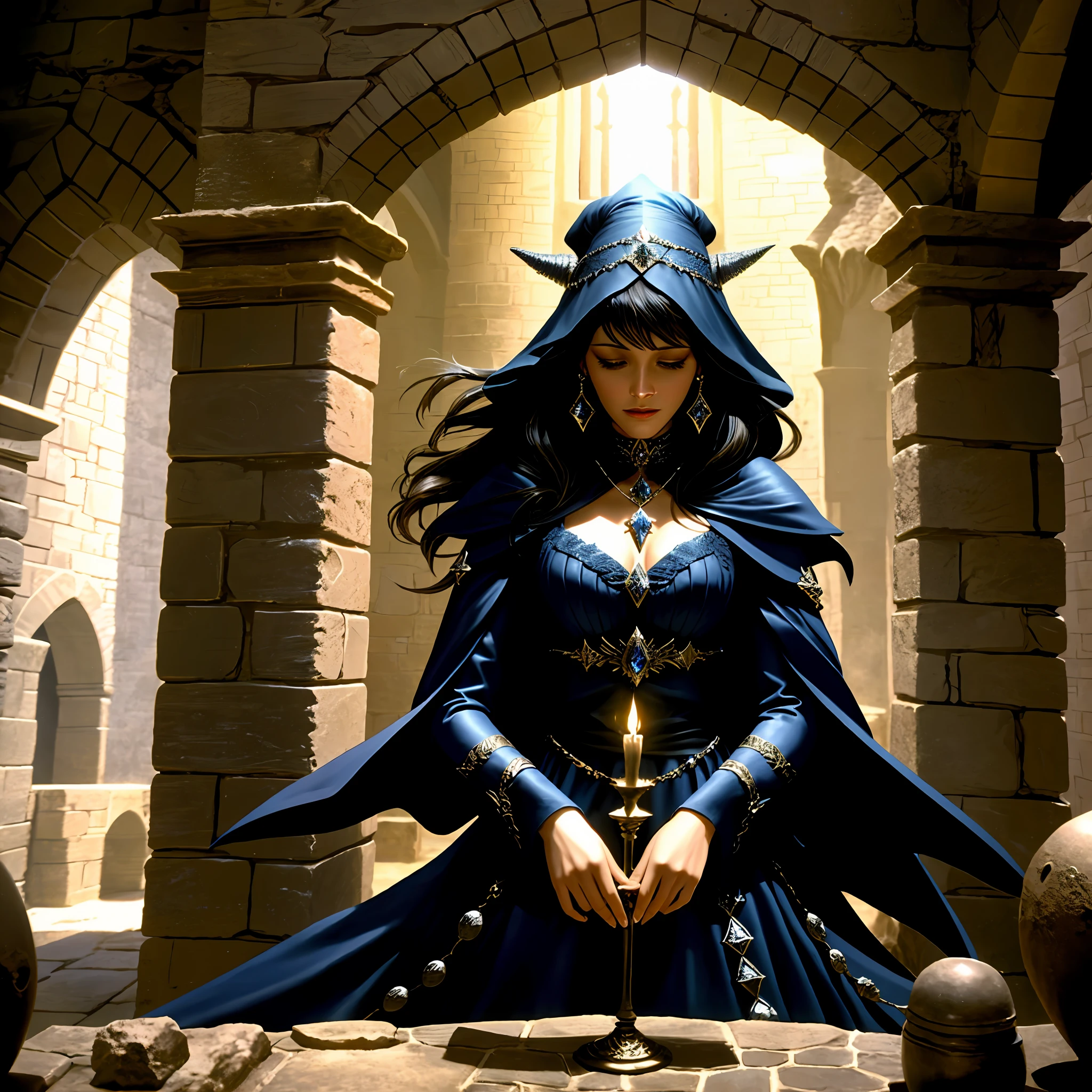 Close-up A sorceress in the dungeon of a castle doing spells, cinematic, dramatic