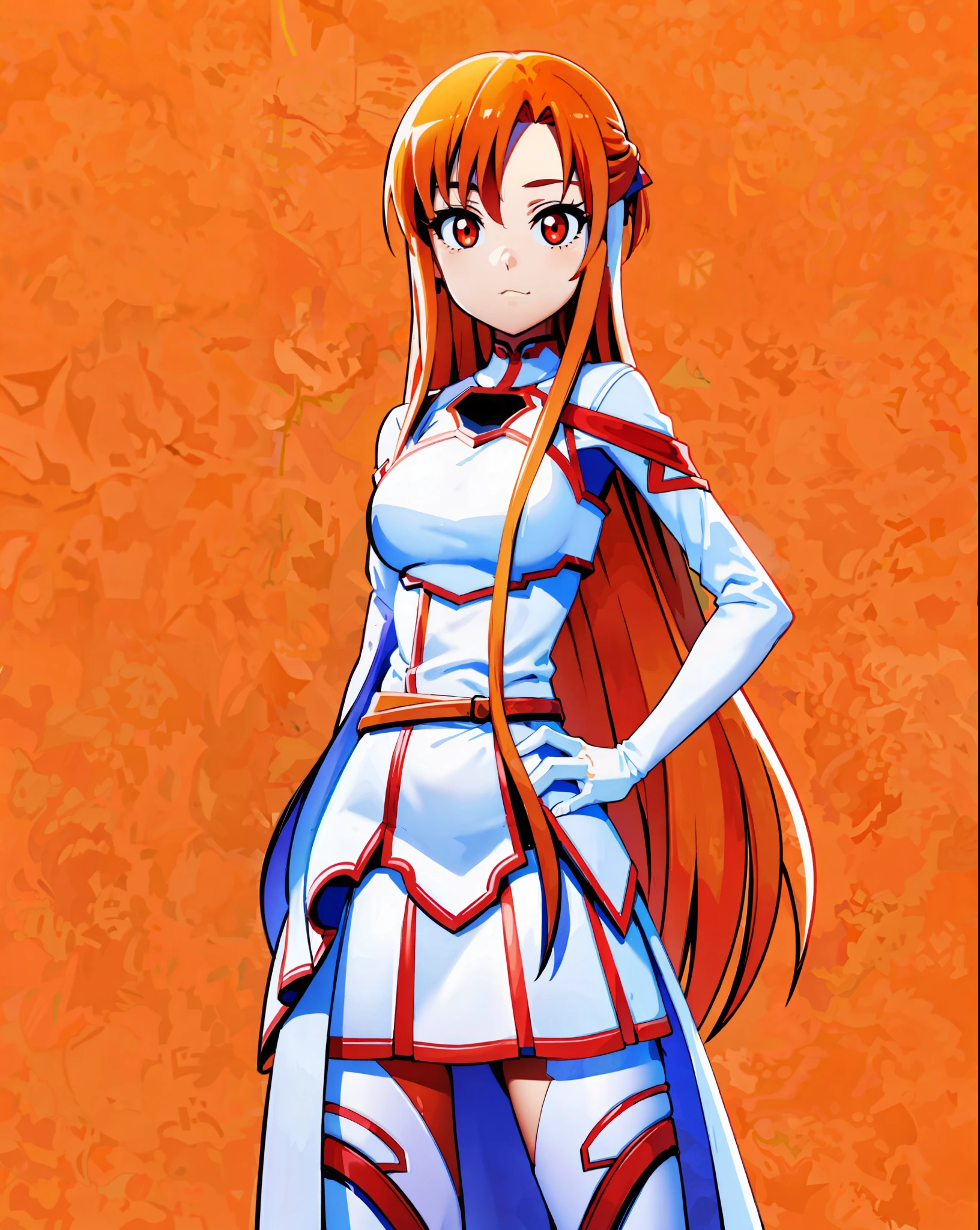 Girl, fantasy, red pupils, orange hair, thin, big breasts, standing at forked waist, long hair, white jeans, short red skirt