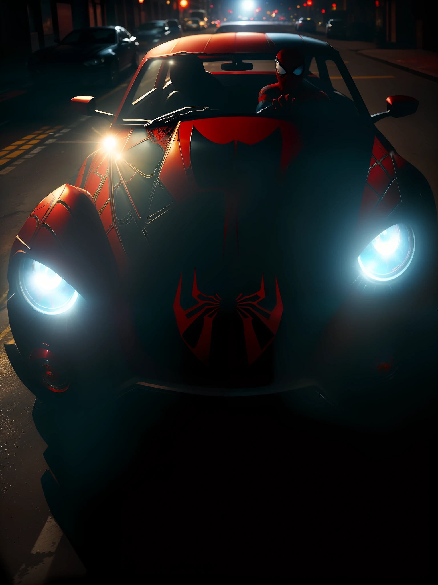 Scene from the movie, Spider-Man-style car: red with blue stripes, spider emblem on the hood, spider web on the sides, Spider-Man logos on the wheels