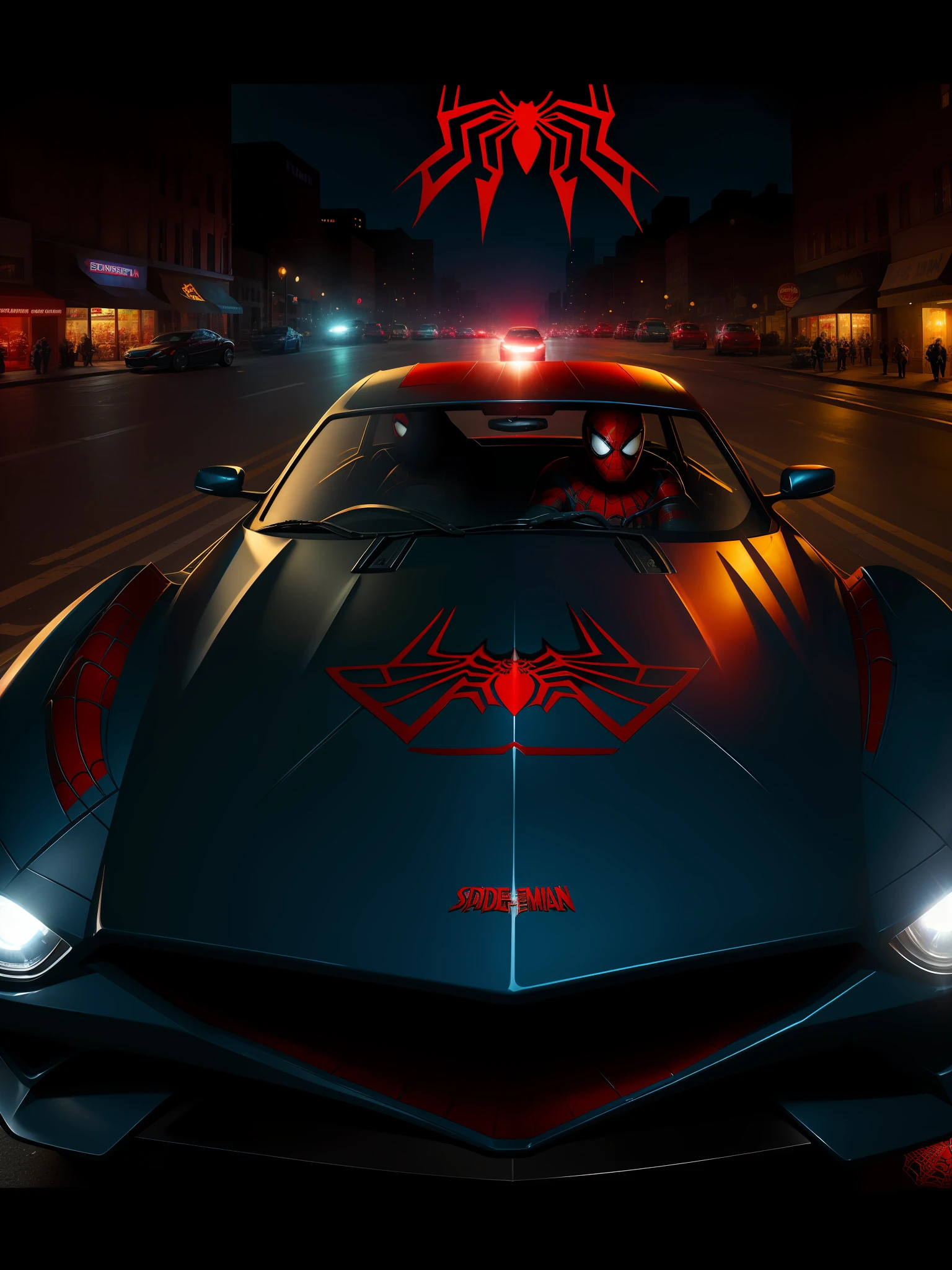 Scene from the movie, Spider-Man-style car: red with blue stripes, spider emblem on the hood, spider web on the sides, Spider-Man logos on the wheels