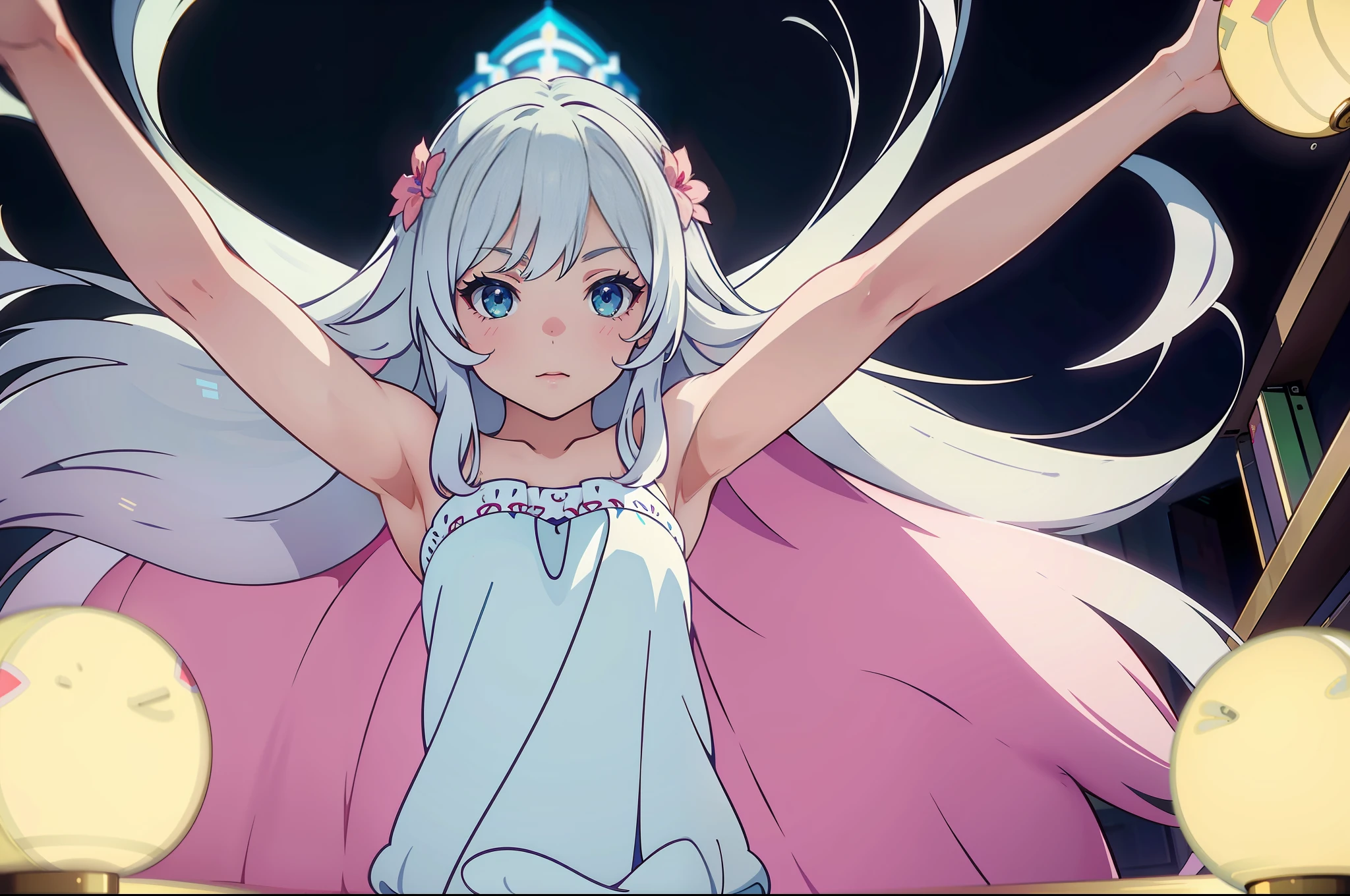 (Masterpiece, best quality: 1.3), hyper-detailed, 8k wallpaper, cinematic lighting, overexposure, (1 girl, solo), long white hair, white pajamas, loli, upper body perspective