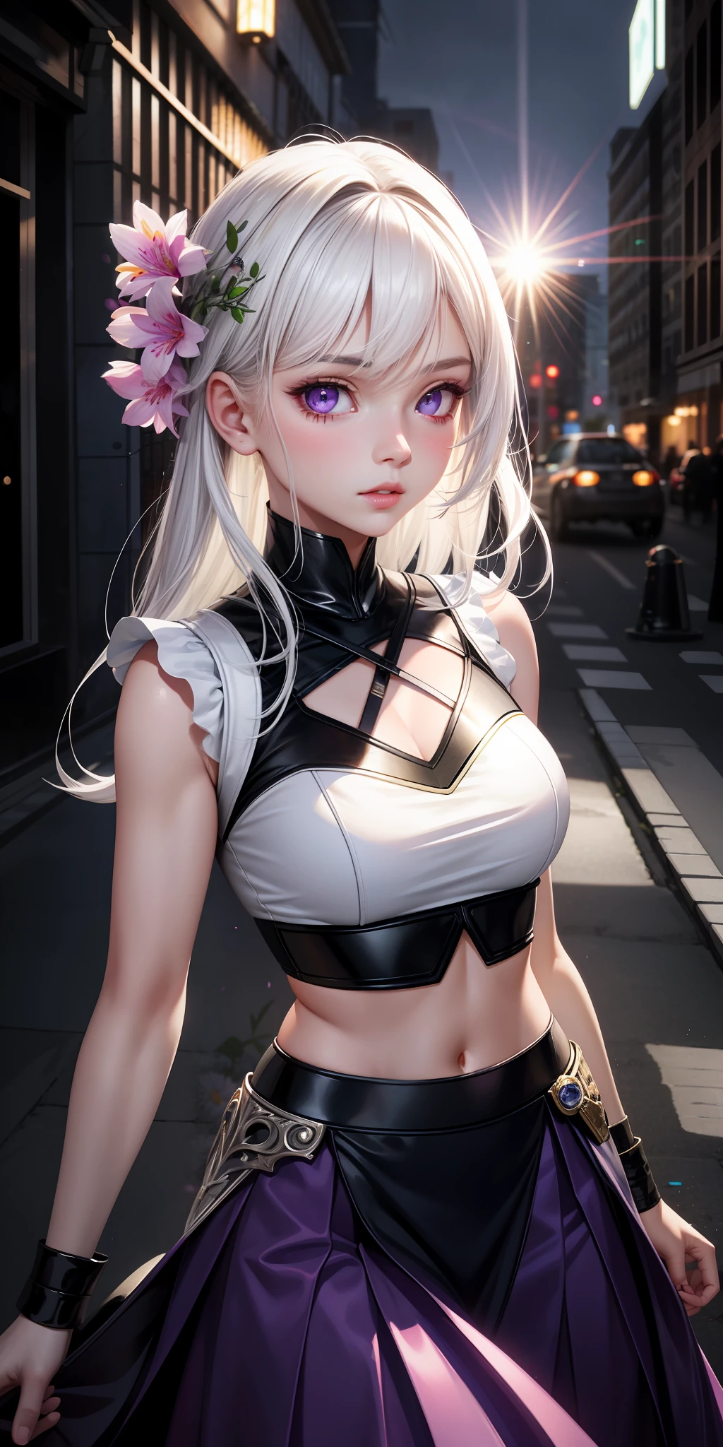 realistic, 1girl, white hair, purple eyes, glowing eyes, crop top, skirt, parted lips, blush, night, flowers, sun, sunlight,