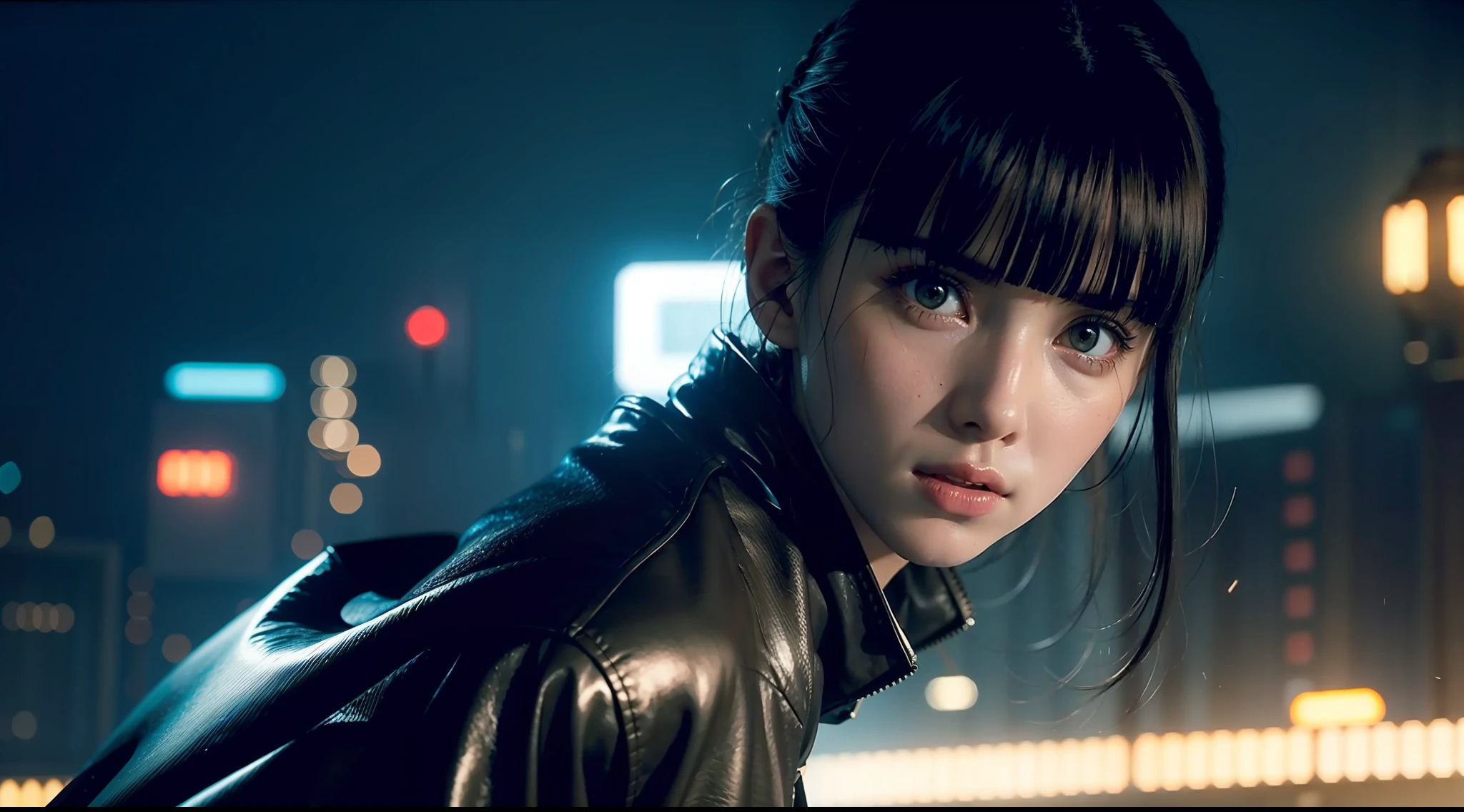 Blade runner movie stills directed by wes Anderson, vibrant, photorealistic, realistic, dramatic, dark, sharp focus, 8k
