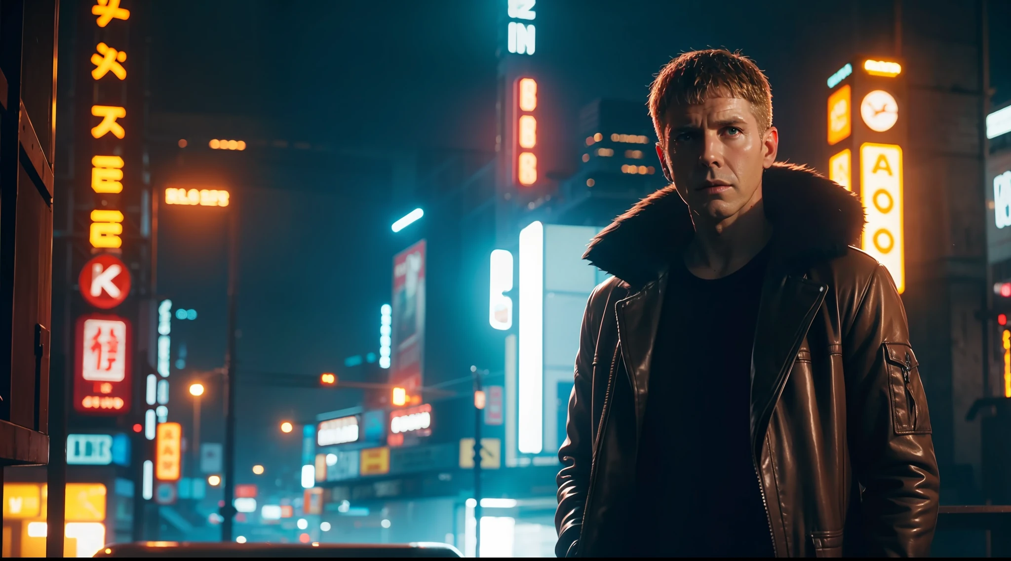 Blade runner movie stills directed by wes Anderson, vibrant, photorealistic, realistic, dramatic, dark, sharp focus, 8k