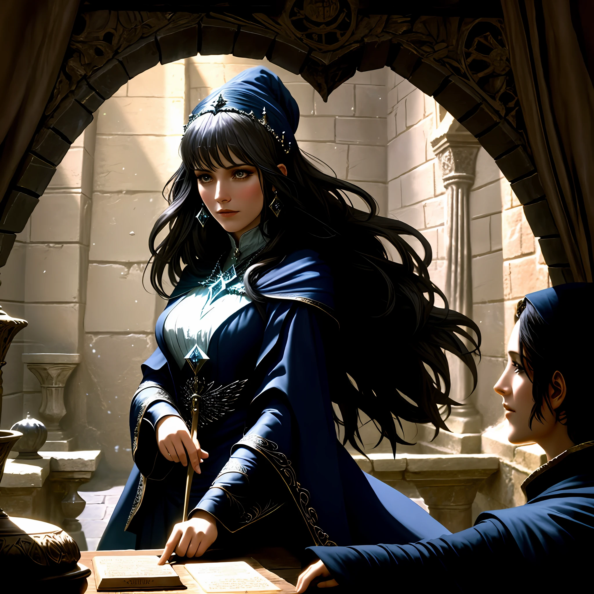 Close-up A sorceress in the dungeon of a castle doing spells, cinematic, dramatic