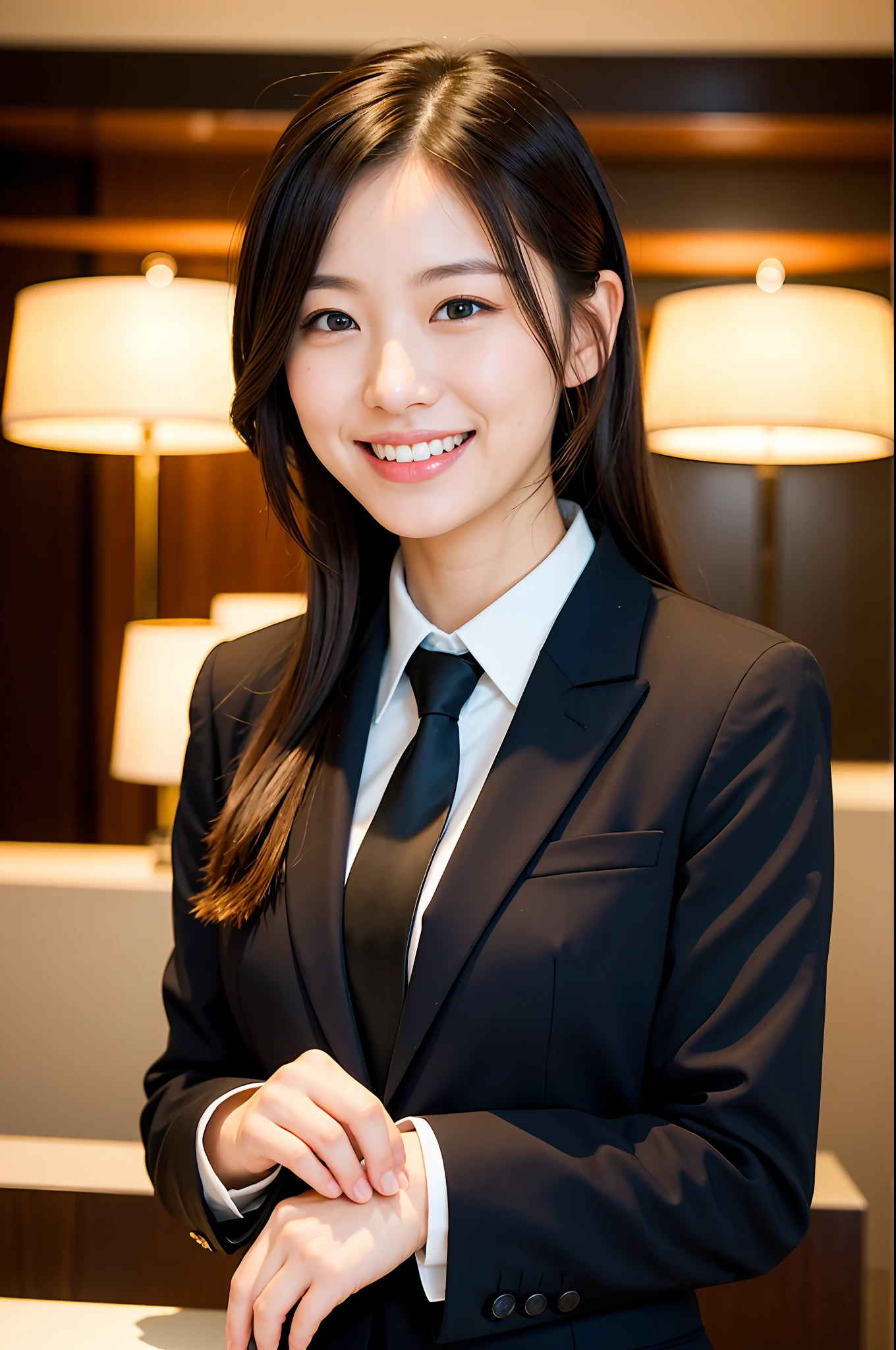 Natural light, girl smiling in black suit at hotel reception (best quality, masterpiece: 1.2)