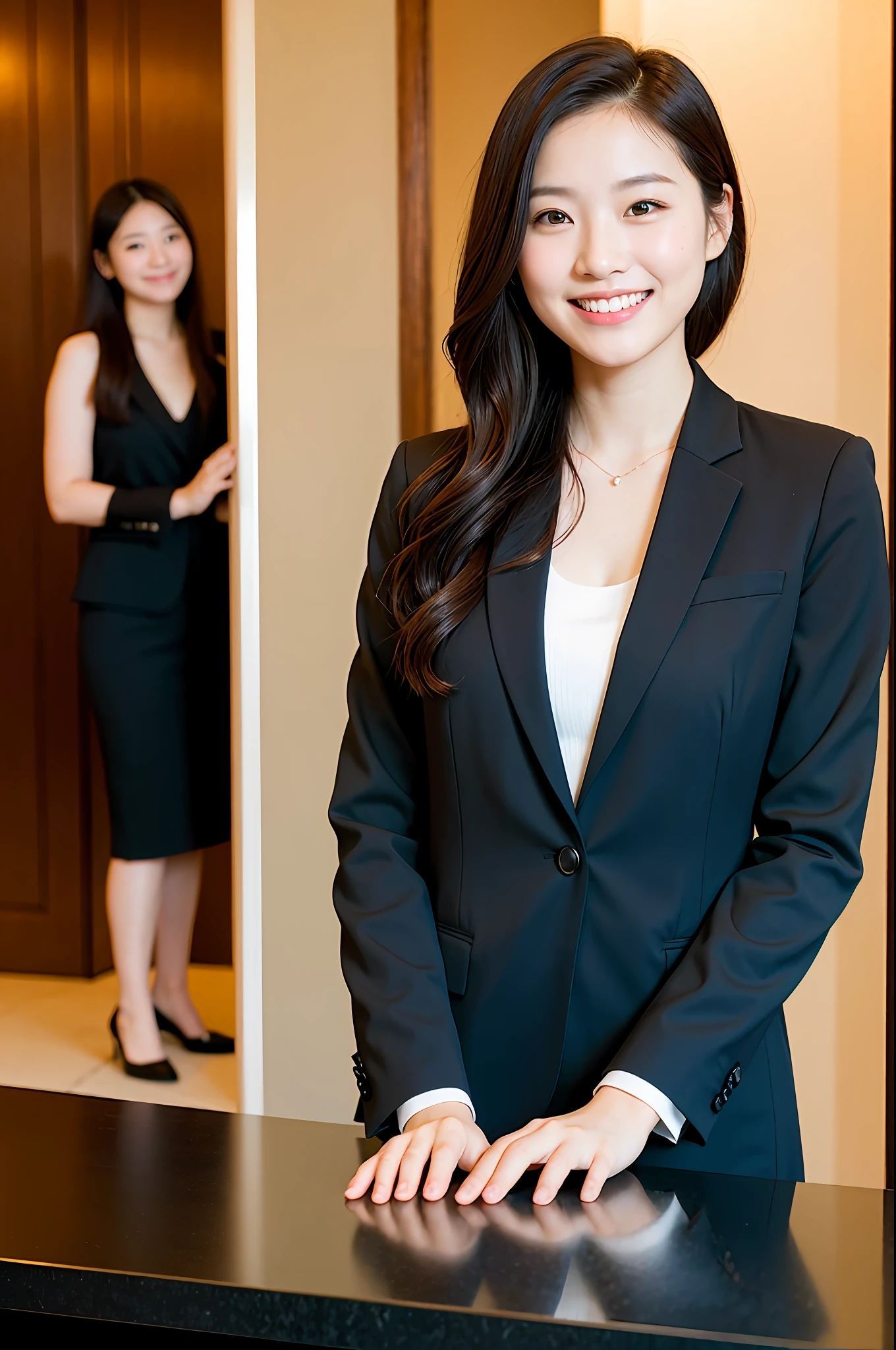 Natural light, girl smiling in black suit at hotel reception (best quality, masterpiece: 1.2)