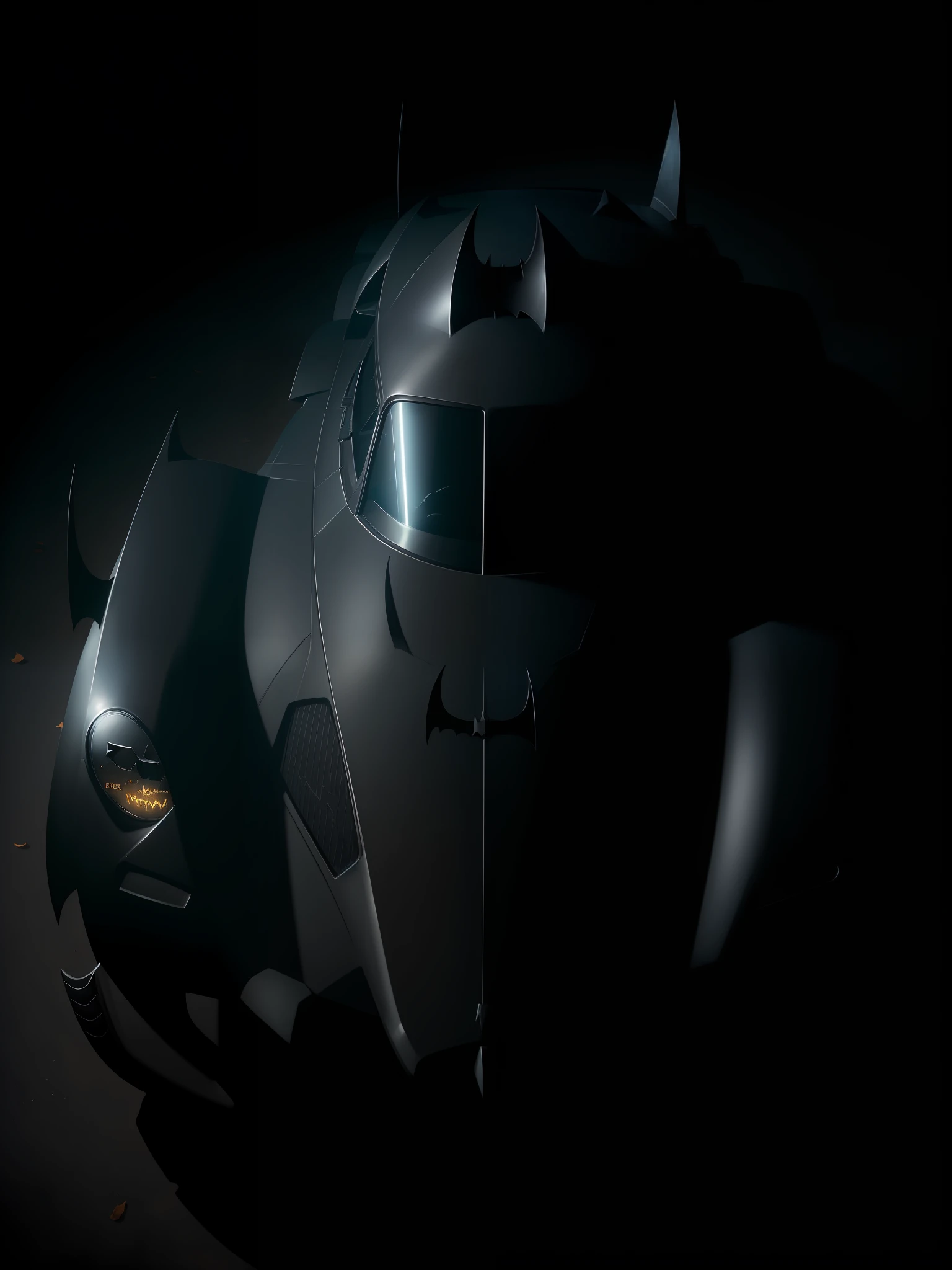 Scene from the movie, Batman-style car: black with silver details, a bat emblem on the hood, fenders on the sides, Batman logos on the wheels.