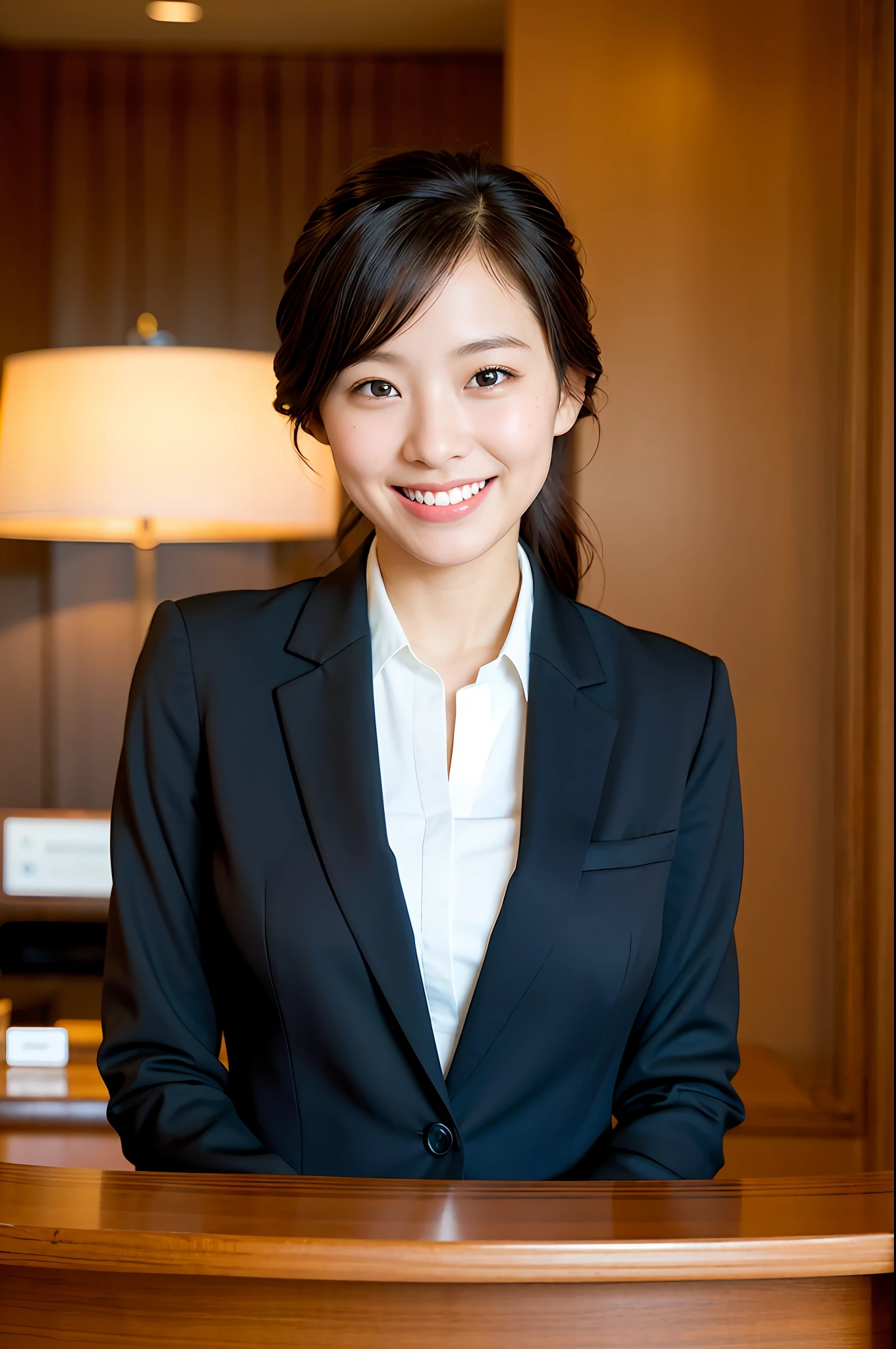 Natural light, girl smiling at the front desk of the hotel in a black suit (best quality, masterpiece: 1.2)
