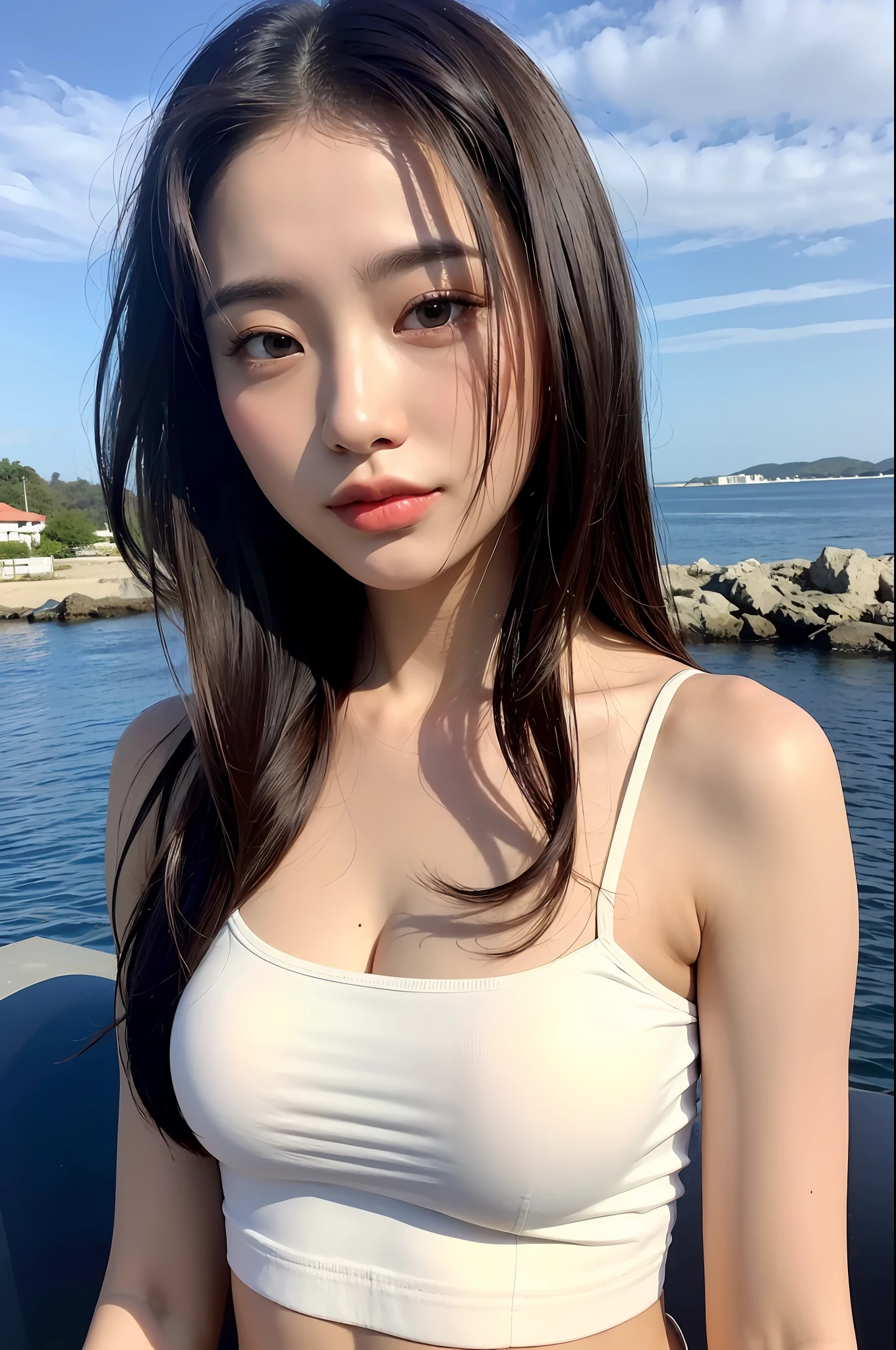 ((Midnight, Best Quality, 8K, Masterpiece: 1.3)), Upper body, Big breasts, Clear focus: 1.2, Beautiful woman with perfect body: 1.4, Slim abs: 1.1, (dark brown hair)), White shirt, jeans, Standing: 1.2), Sea view, Very detailed face and skin texture, Delicate eyes, Double eyelids