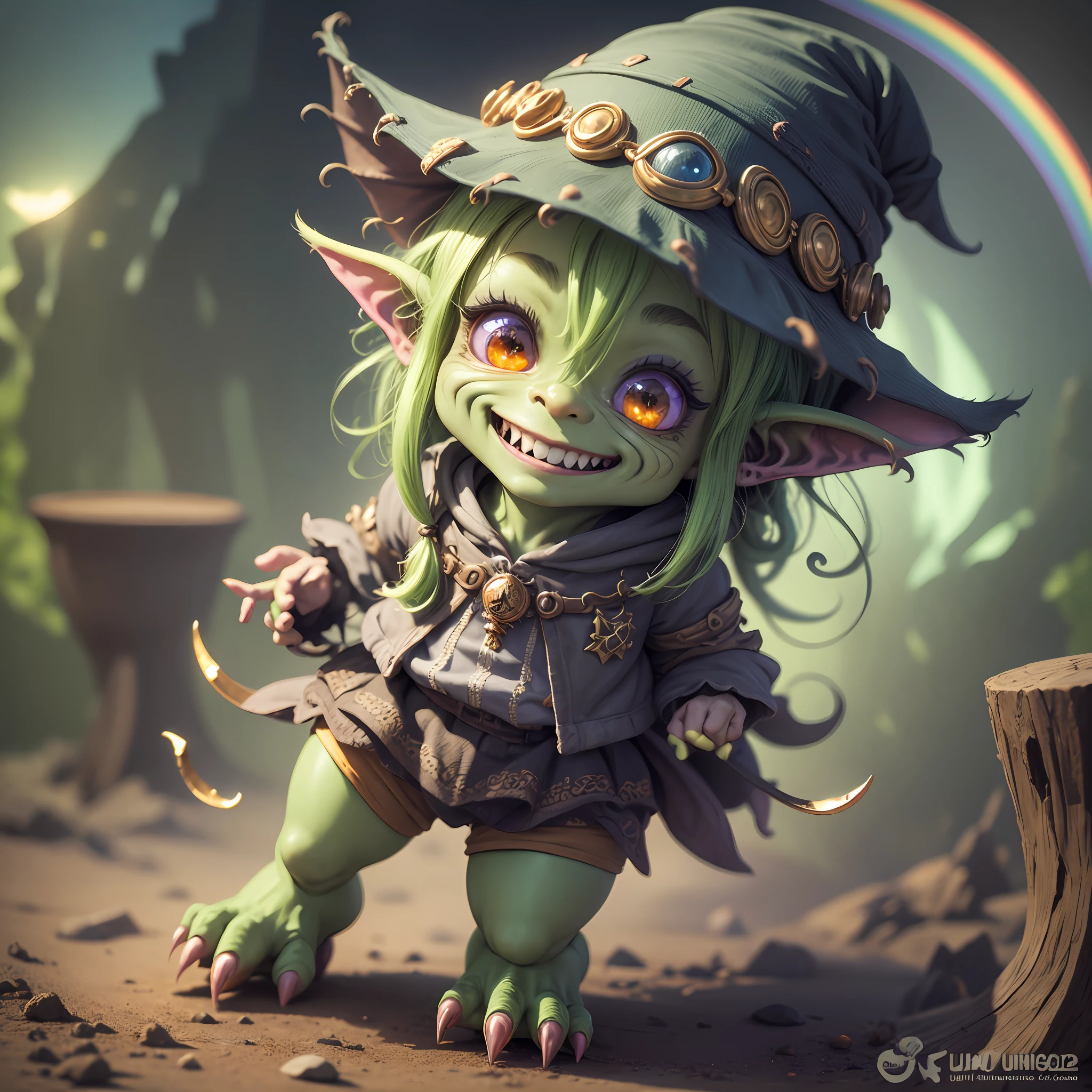 Goblin, small, highly detailed, UHD, HIRES, studio lighting, pot of gold, rainbow, ghastly smile, super detailed face, full body, typical clothes of the USA, United States. --auto --s2
